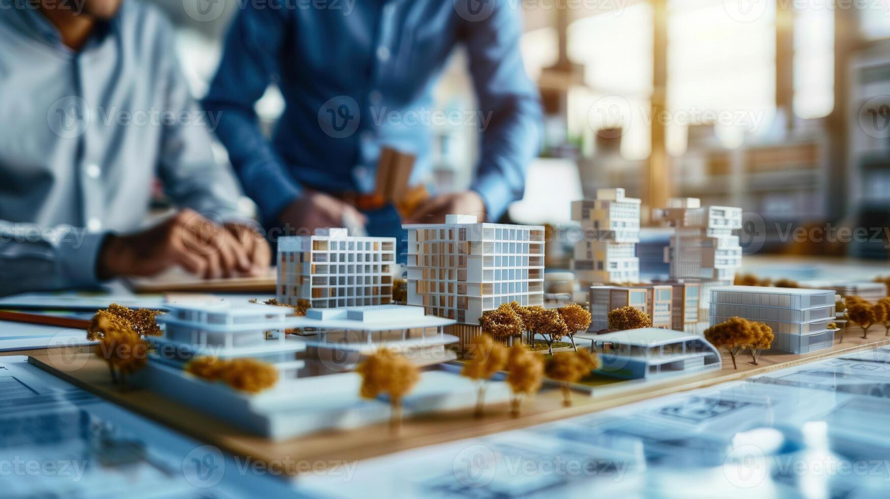 Architects working on a building model, discussing and reviewing the project design details. photo