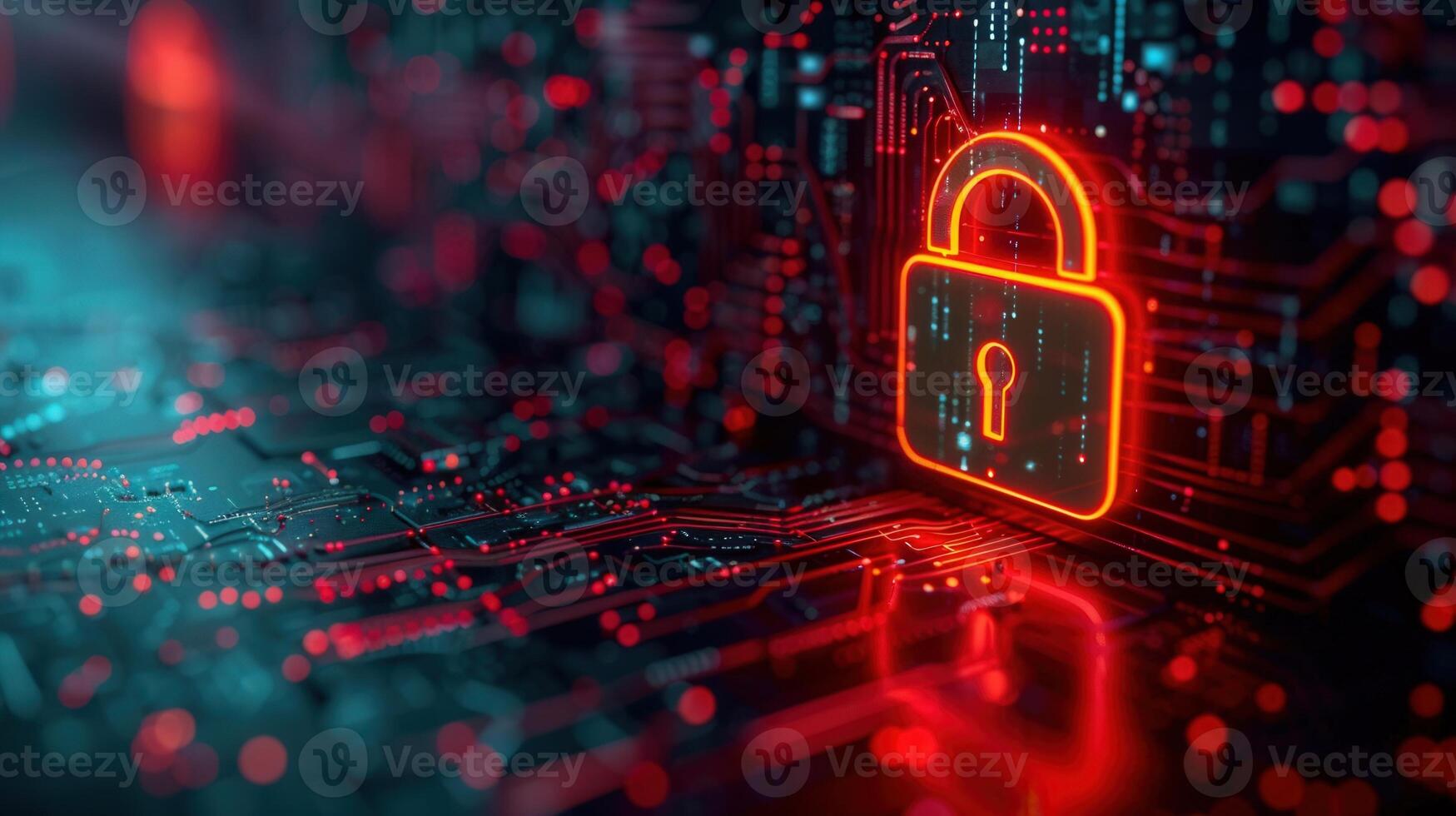 Glowing padlock icon on a motherboard represents the concept of network security. photo