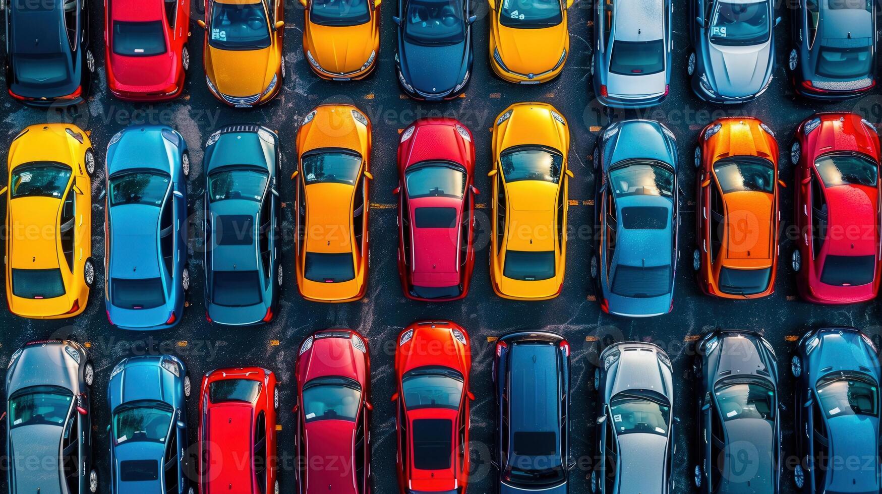 An eye-level view displays an organized parking lot full of diverse and colorful vehicles. photo