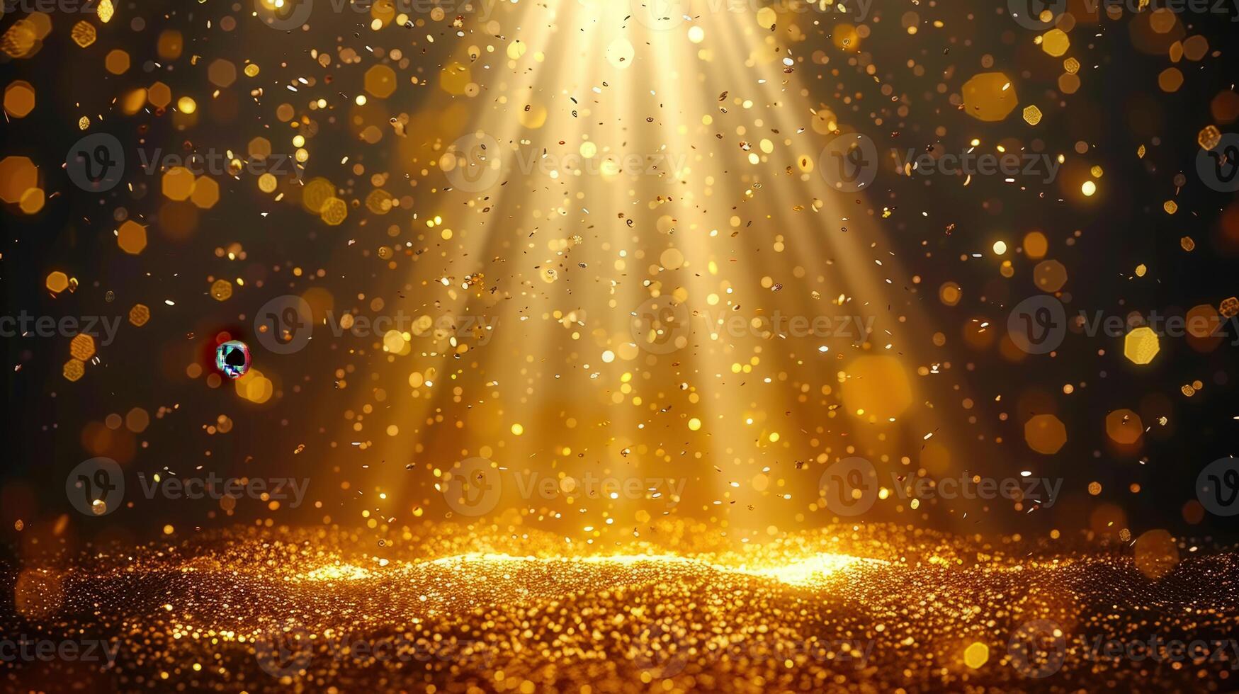 A stunning golden glitter background with bright light rays and sparkling particles falling down. photo