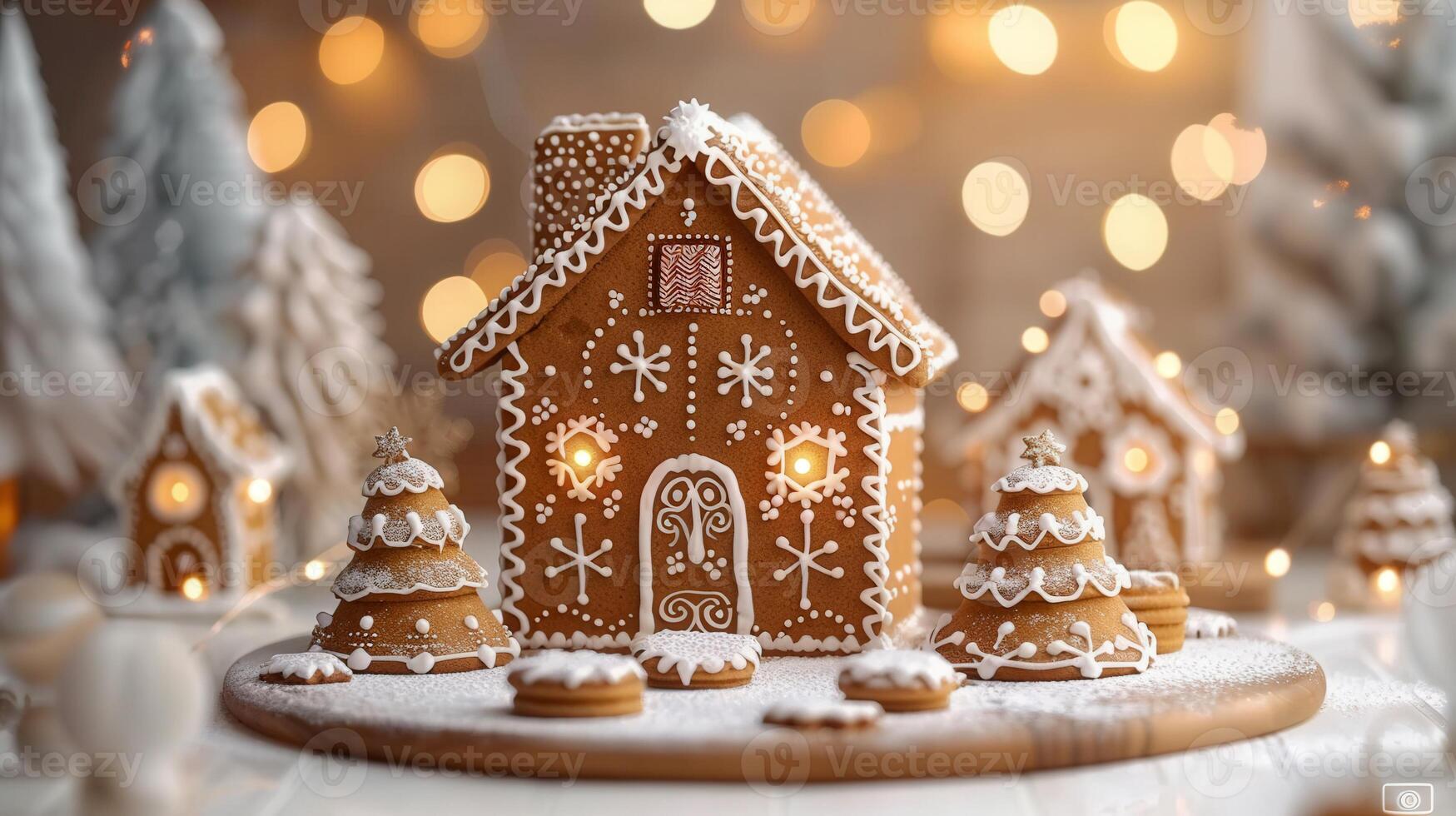 A charming gingerbread house and trees with intricate icing details creating a festive Christmas scene. photo
