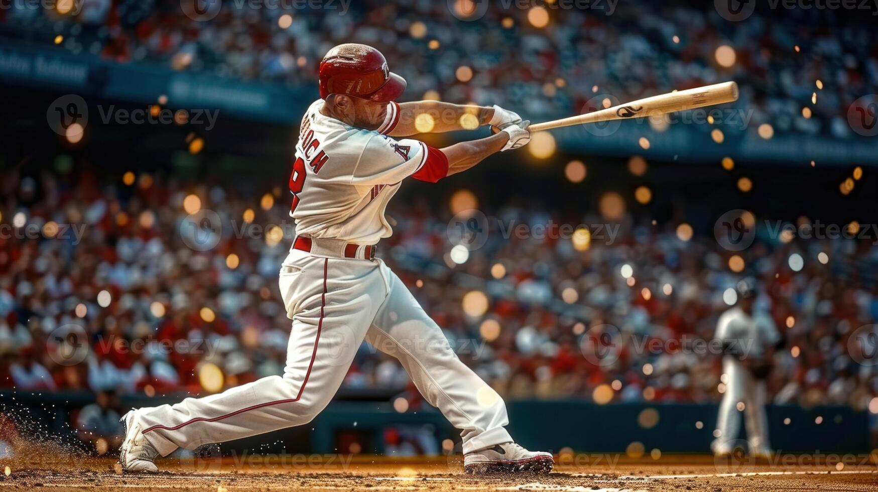 Baseball player in full swing at a baseball game, ready to hit the ball with the bat. photo