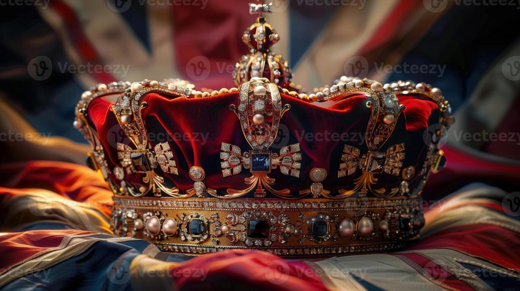 A stunning display of a jeweled crown set against a regal Union Jack flag background. photo