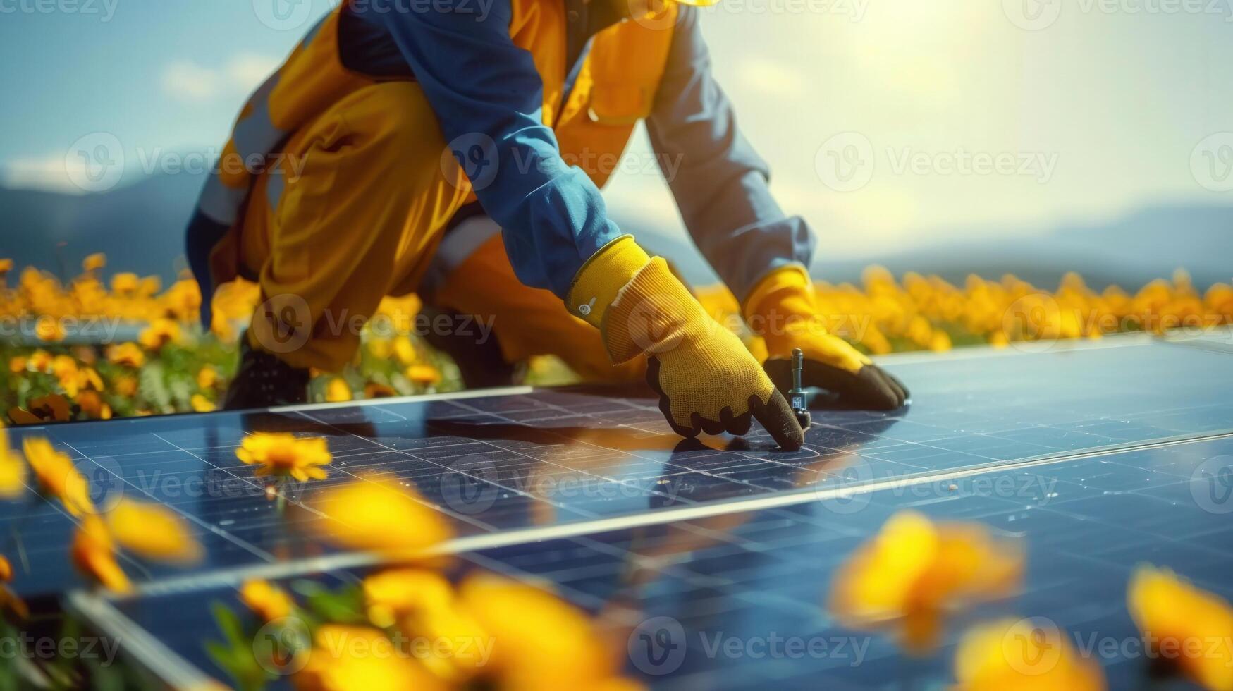 An engineer is installing solar panels in a beautiful field with yellow flowers under the sun. photo
