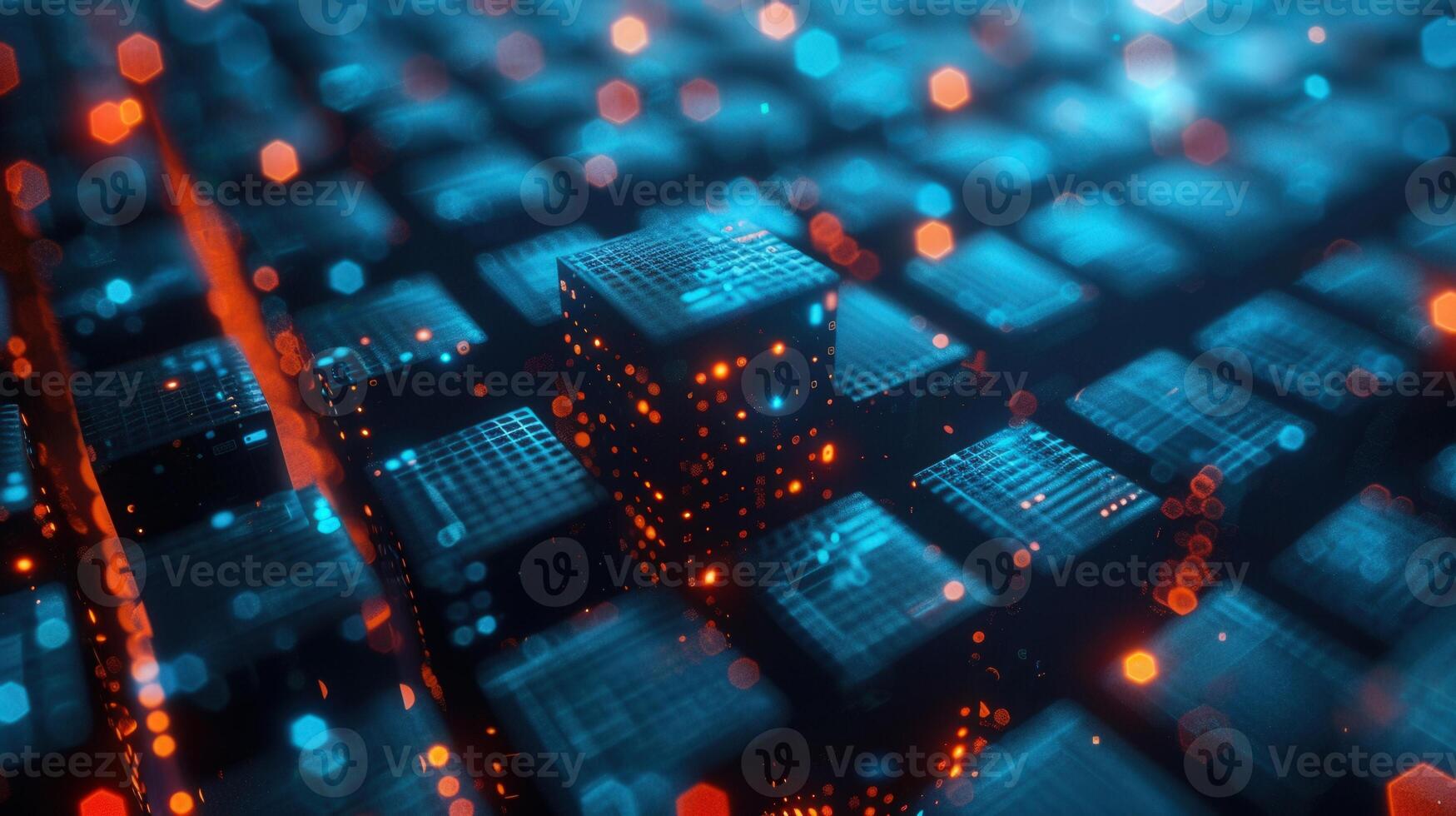 Intricate abstract illustration of a futuristic digital world with glowing cubes and bokeh effects. photo