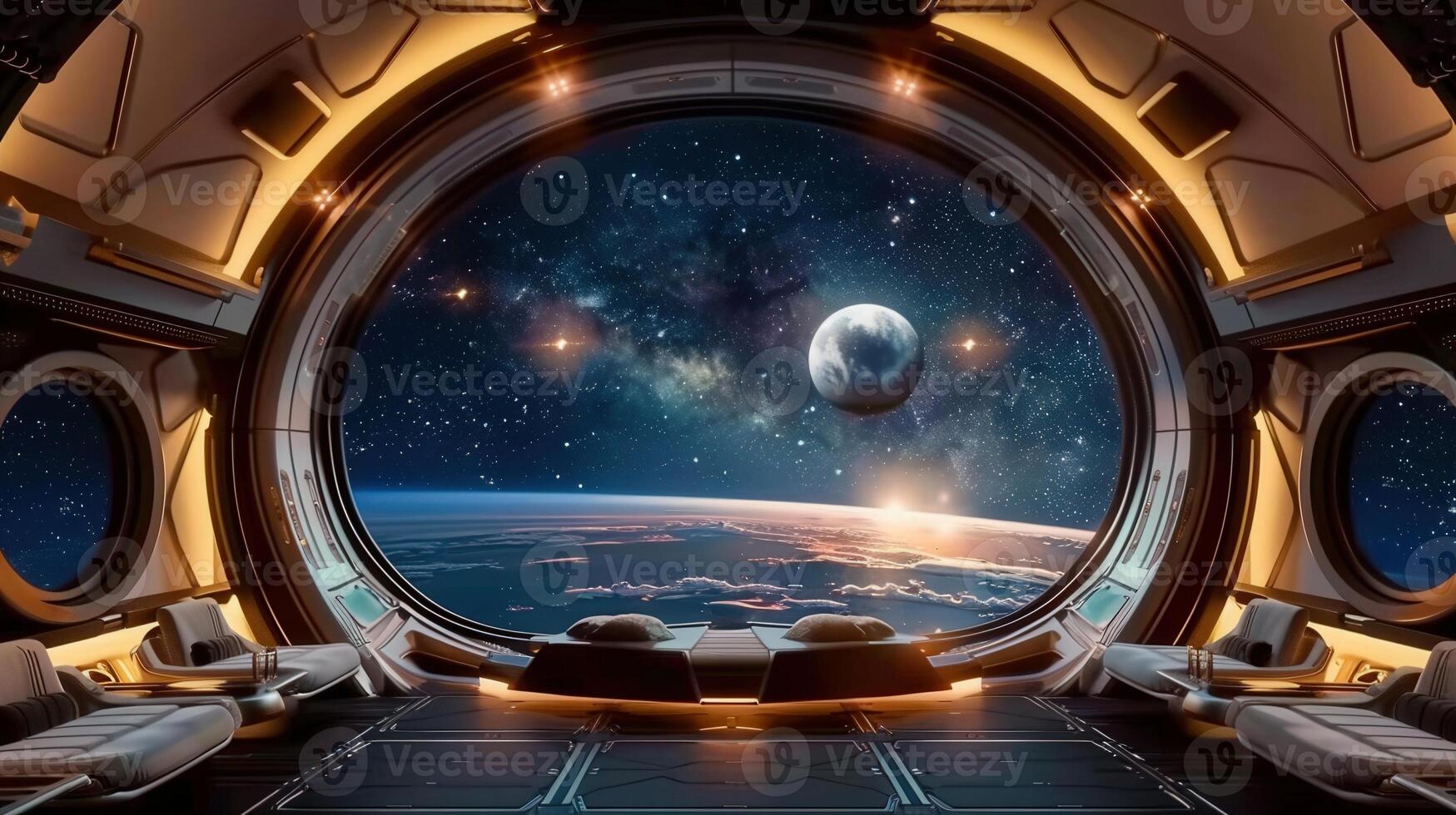 Inside a spaceship, a breathtaking cosmic vista unfolds, showing a planet, space, and glowing lights. photo