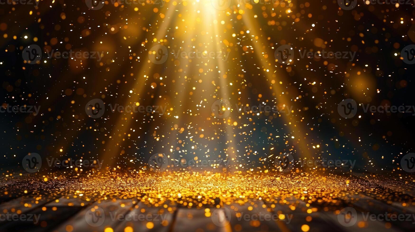 Warm golden light beams illuminate a glittering surface, creating a magical atmosphere. photo