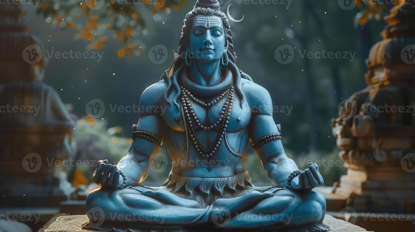 A beautifully detailed statue of lord Shiva in a meditative position, surrounded by nature. photo