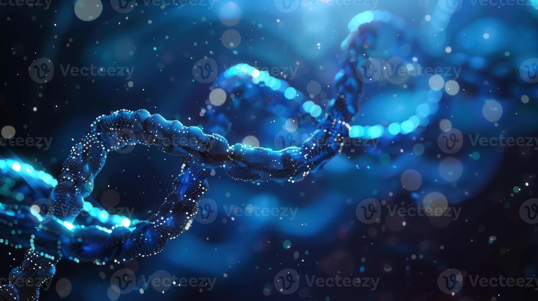 A stunning digital depiction of a glowing DNA strand, ideal for science and technology. photo