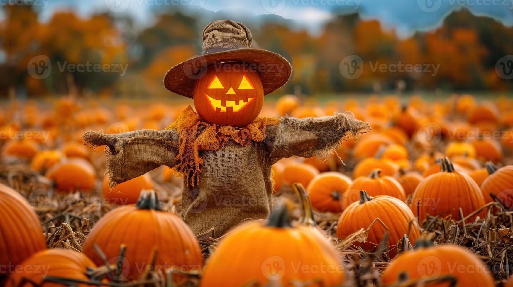 An illuminated jack-o'-lantern topped scarecrow surrounded by pumpkins on a bright autumn day. photo