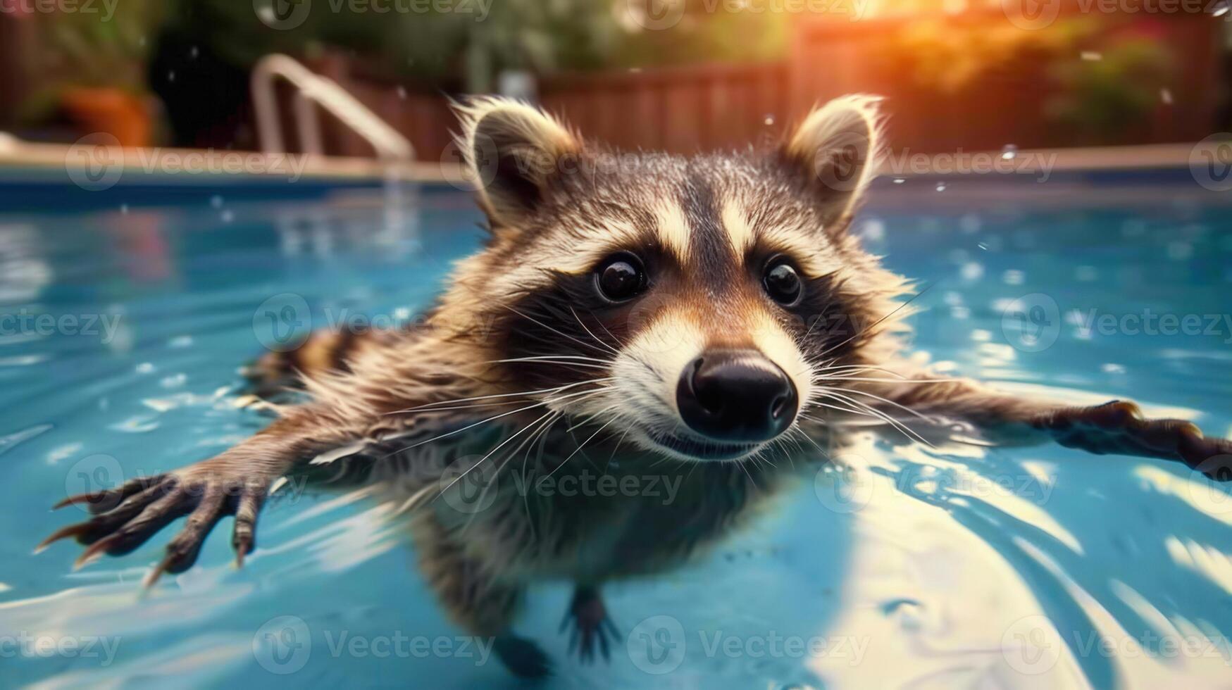 A curious raccoon takes a dip in the refreshing blue water of a backyard swimming pool. photo
