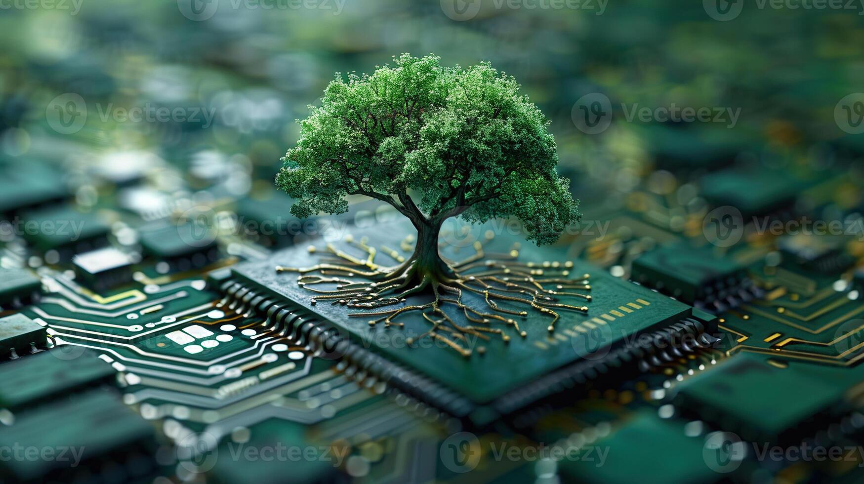A vibrant green tree grows from a circuit board, symbolizing technological growth. photo