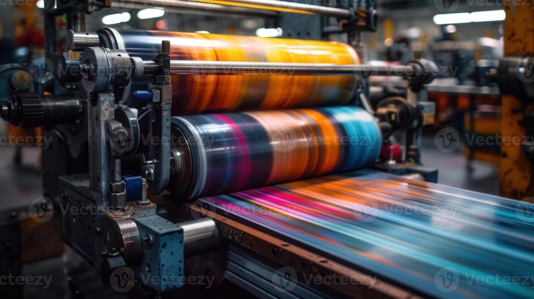 Printing machine in motion, producing vivid colors on the moving surface in a factory. photo