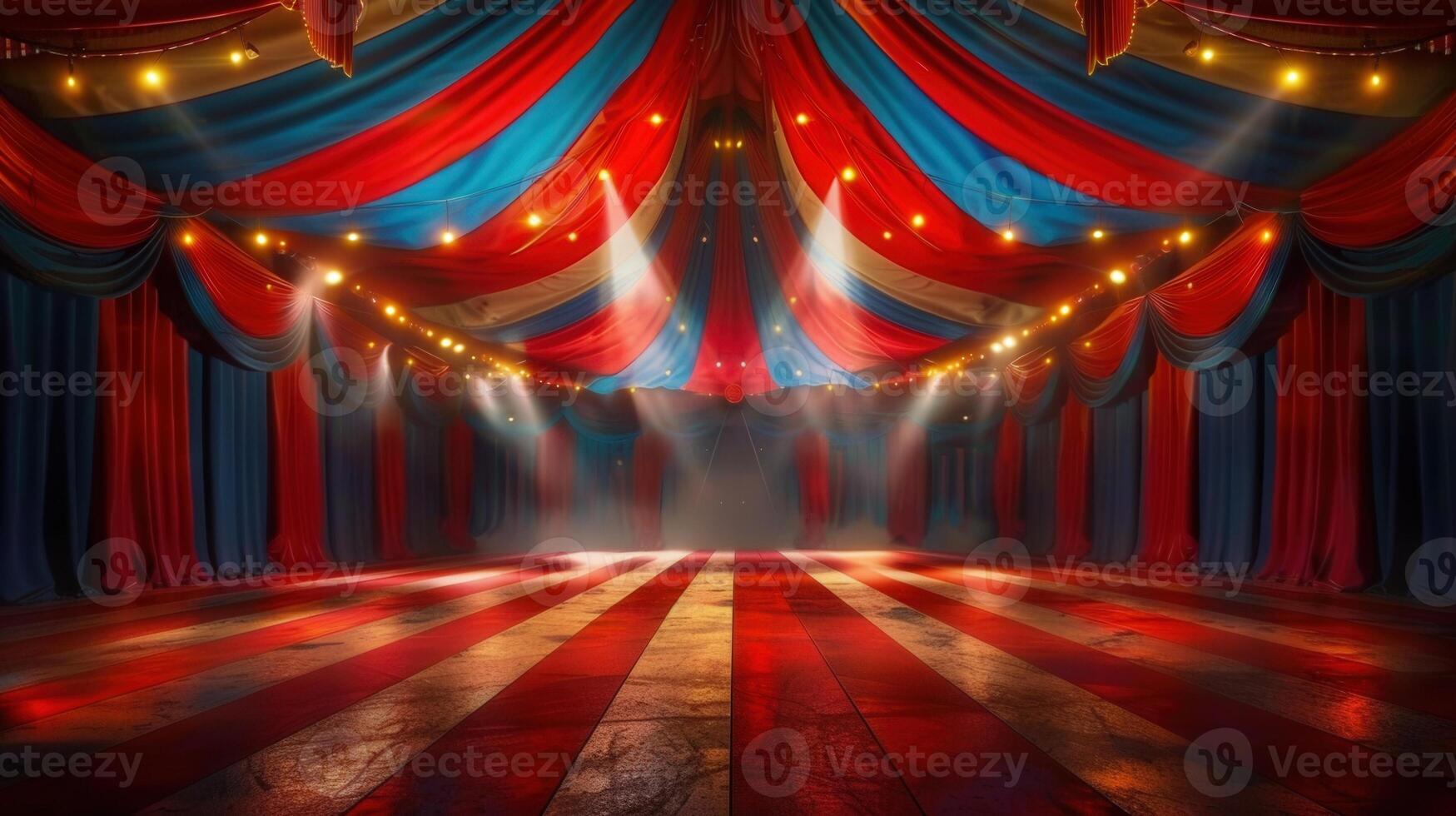 A captivating circus tent interior with vibrant red and blue stripes, ready for a show. photo