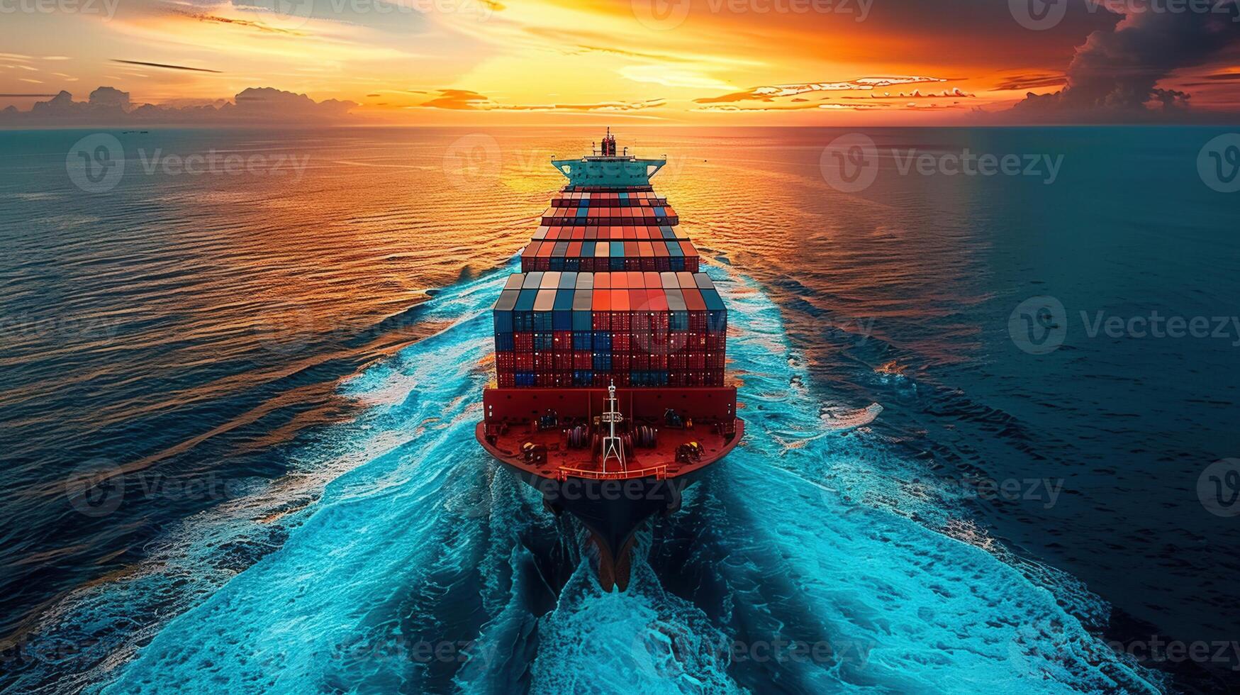 A massive container ship navigates the ocean at sunset, creating beautiful water trails. photo