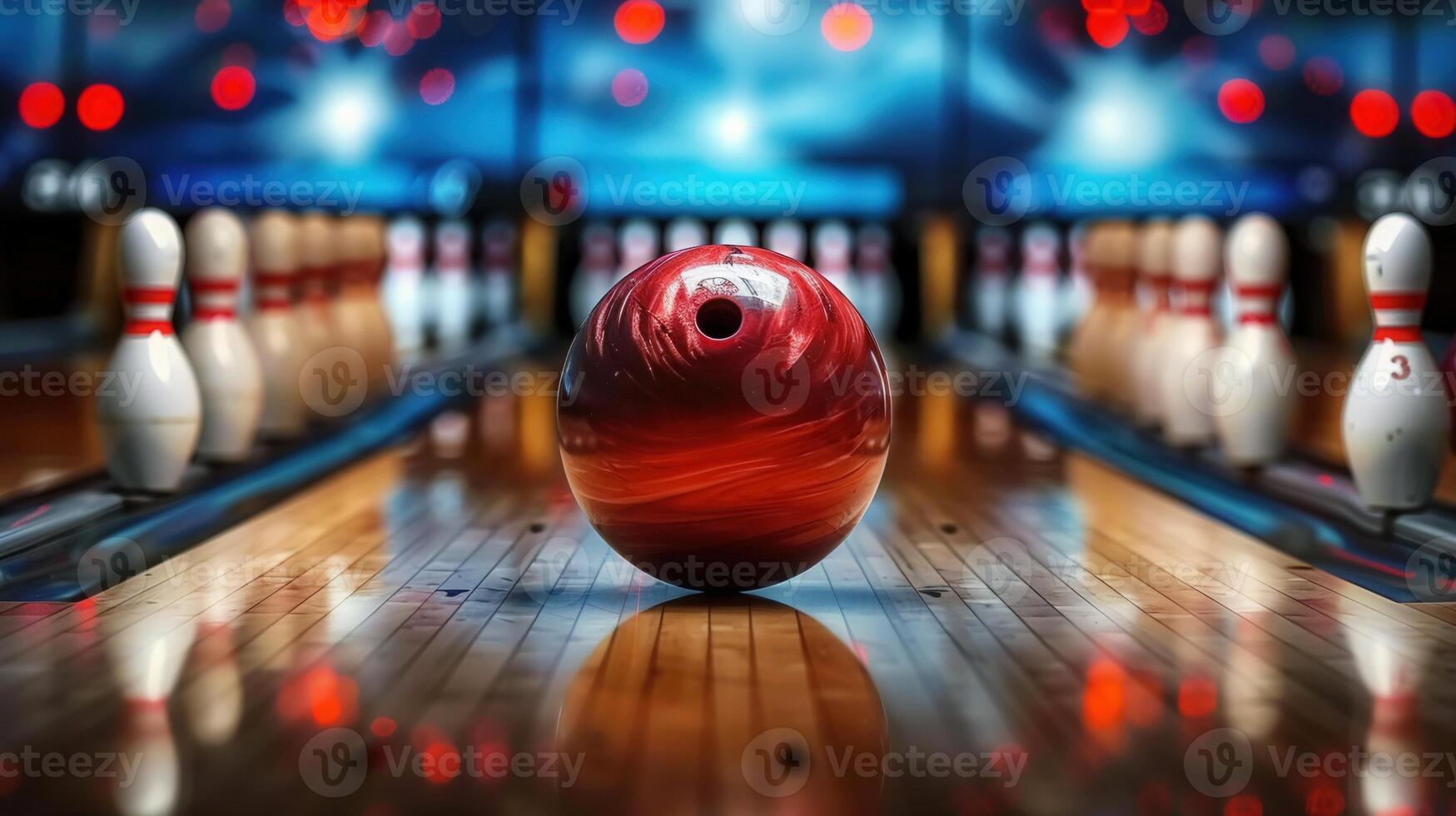 A bowling ball rolls down the lane toward pins, ready for a strike, capturing the game's essence. photo