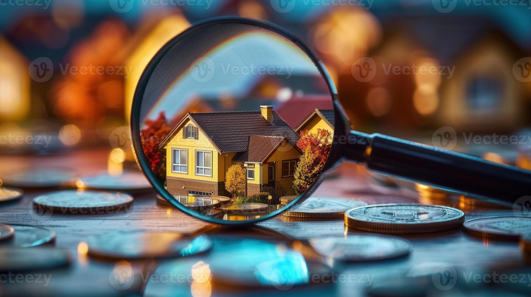 A magnifying glass focuses on a house model, symbolizing home investment and financial planning. photo