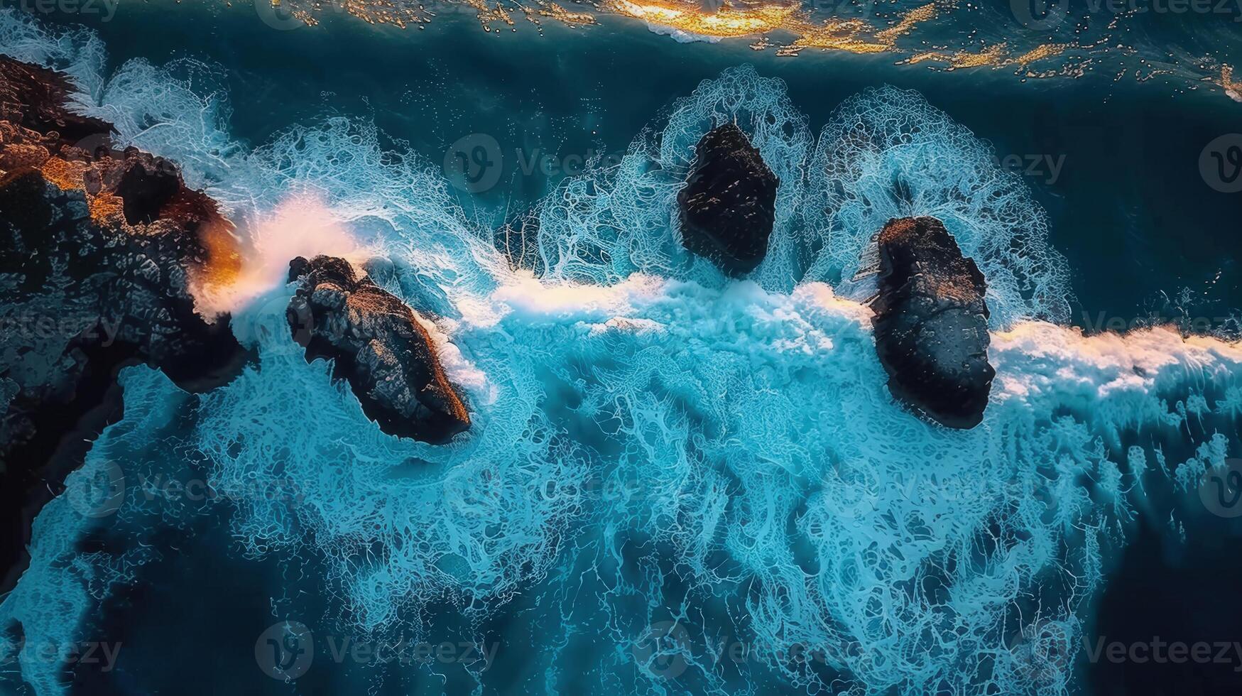 Stunning aerial view of powerful ocean waves crashing against coastal rocks. photo