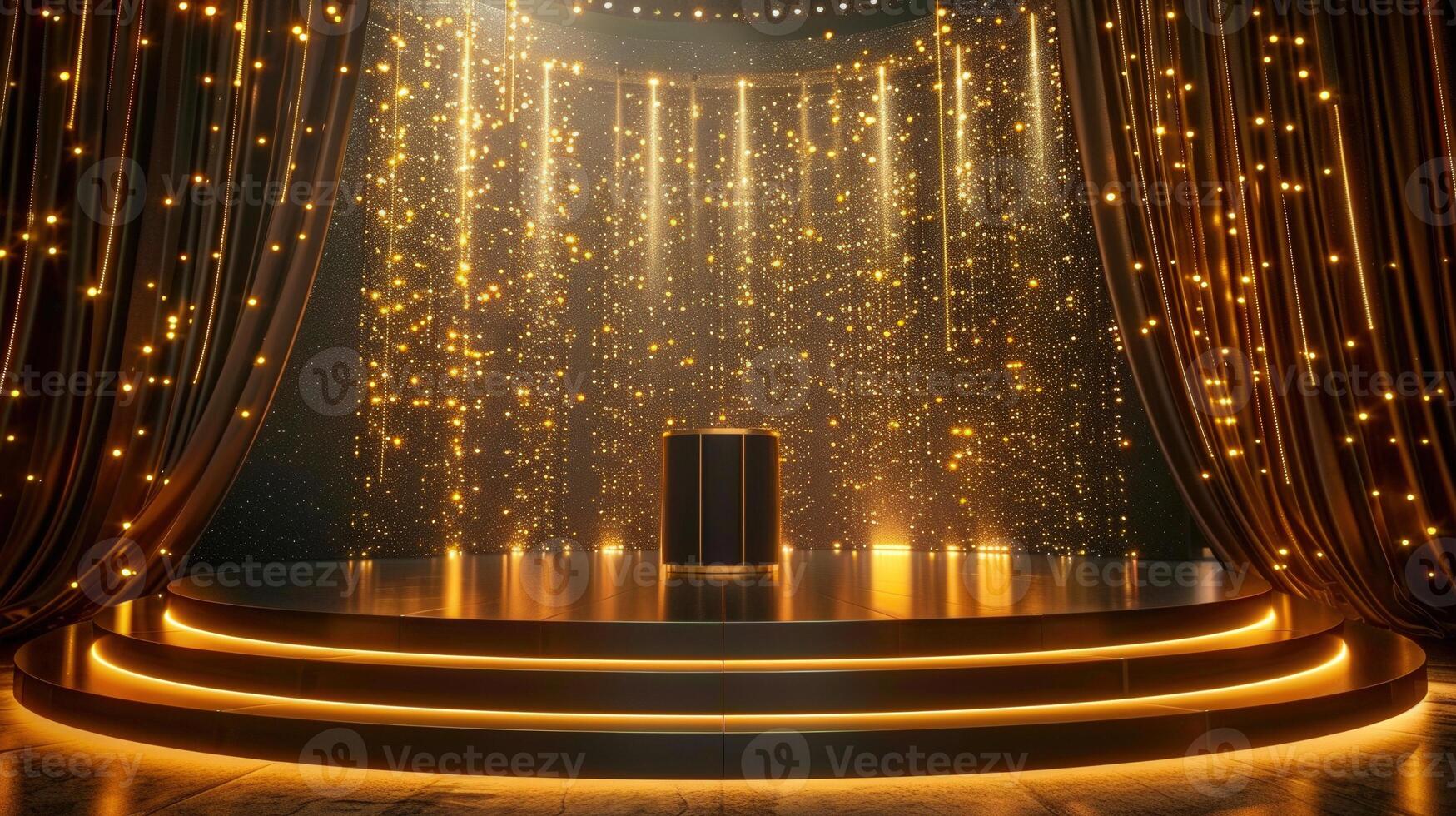 A captivating scene with a golden stage illuminated by radiant lights, perfect for any event. photo
