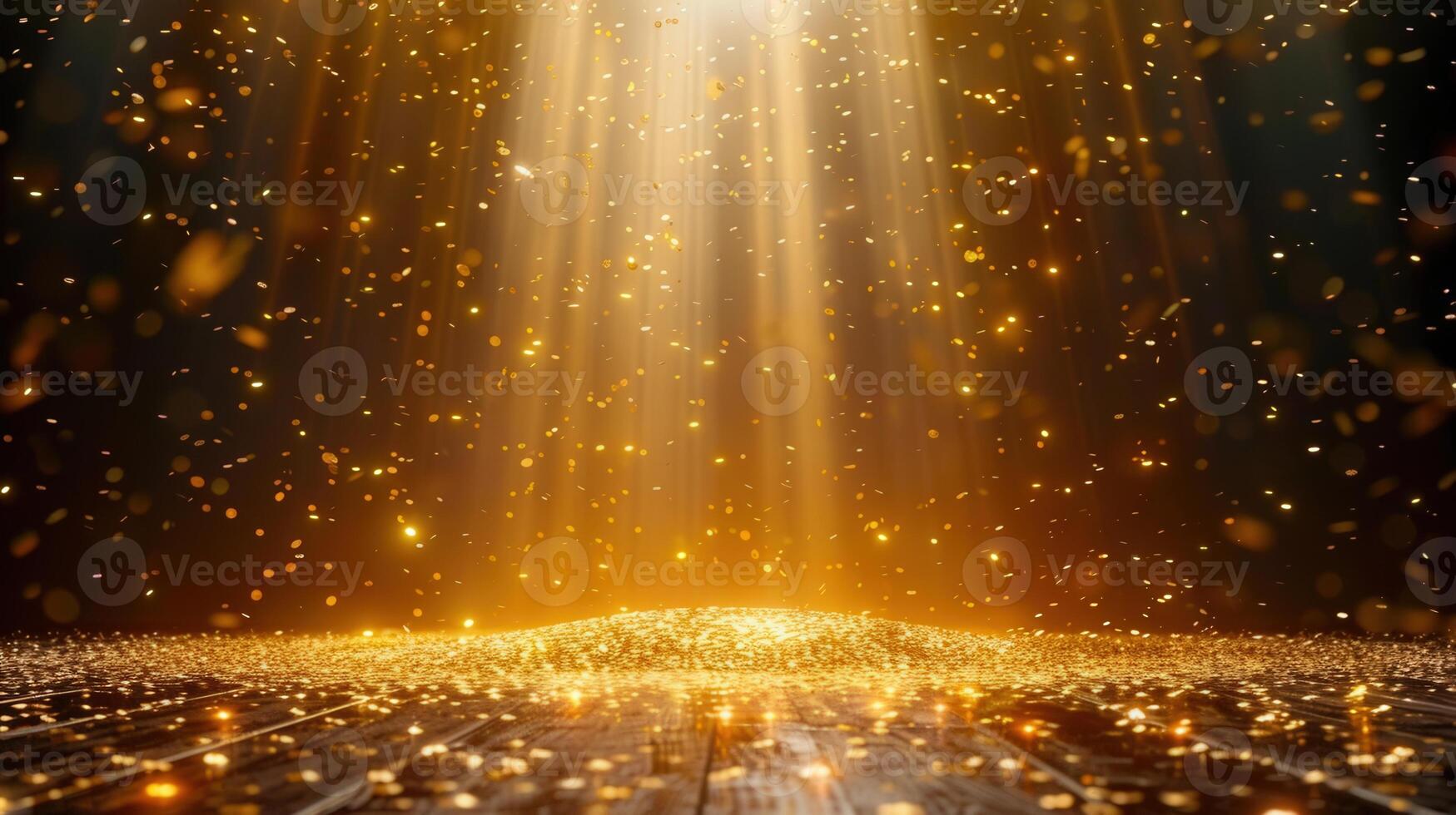 A radiant beam of light shines down on a scene of celebratory gold confetti and sparkle. photo