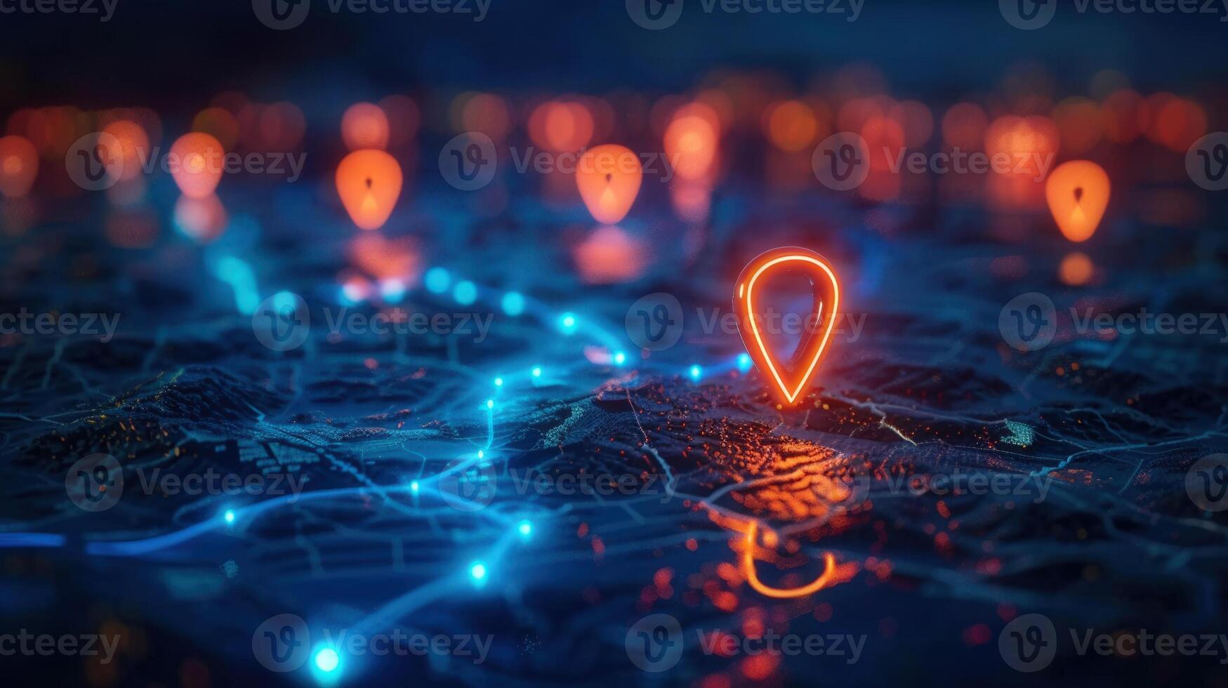 A futuristic digital map, illuminated with glowing location markers and interconnected pathways. photo