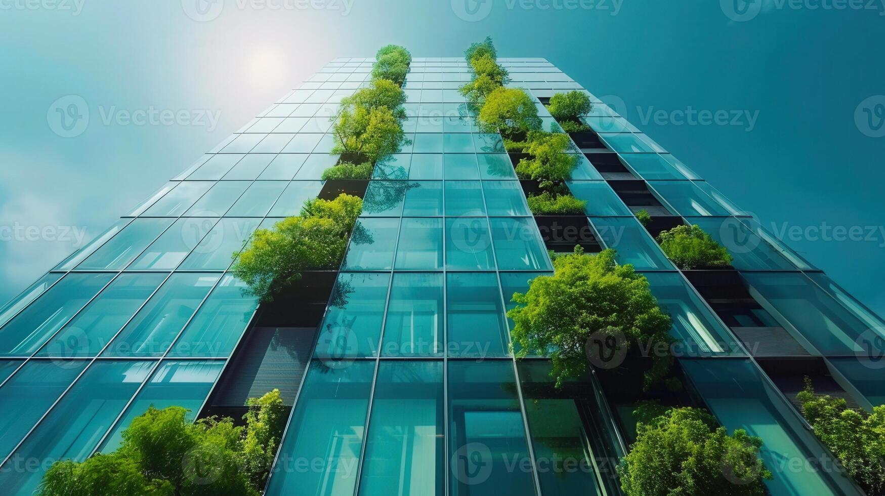 A modern skyscraper with lush green plants, symbolizing sustainable urban architecture. photo
