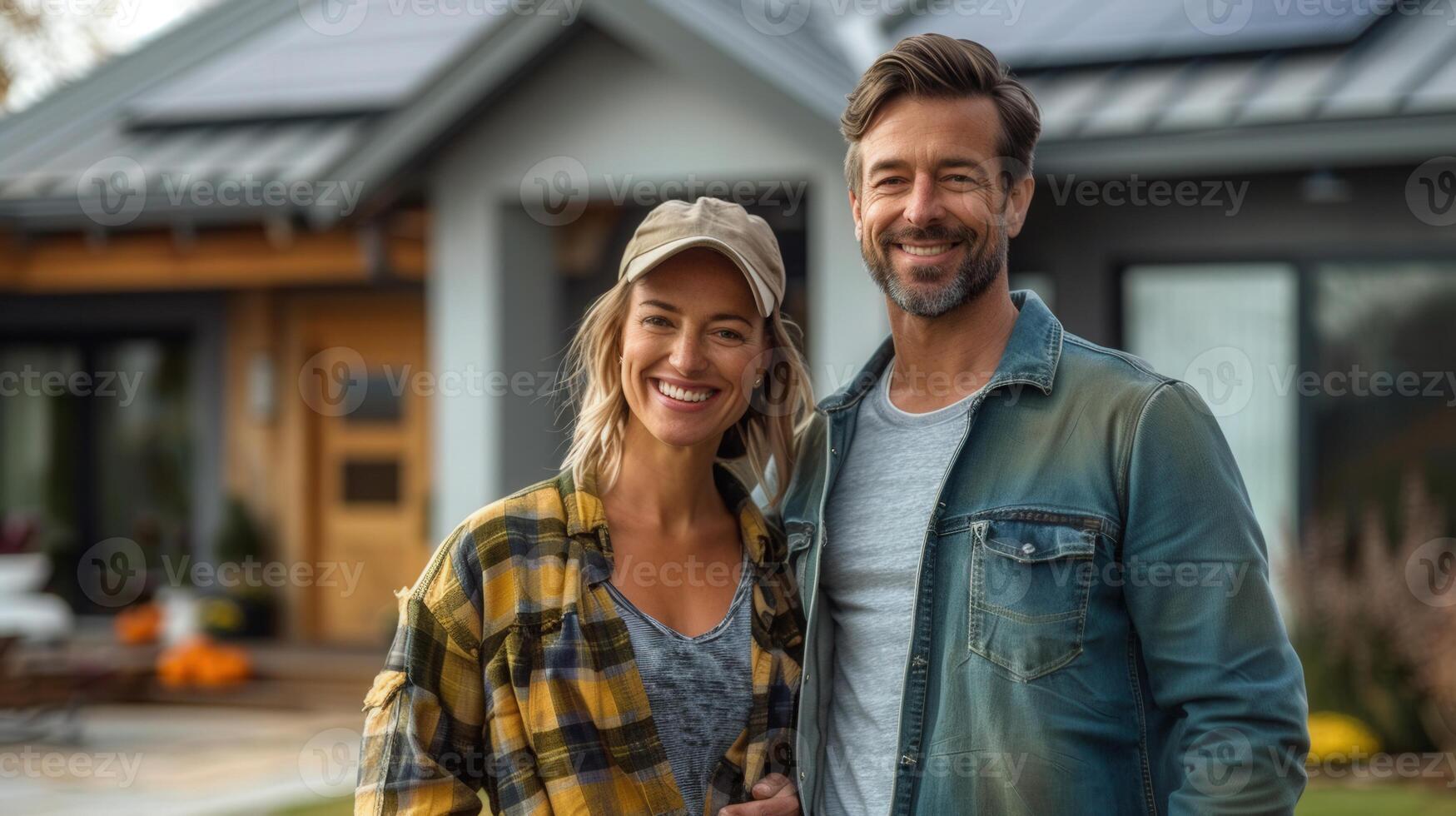 A smiling couple stands in front of a house with solar panels, radiating happiness together. photo