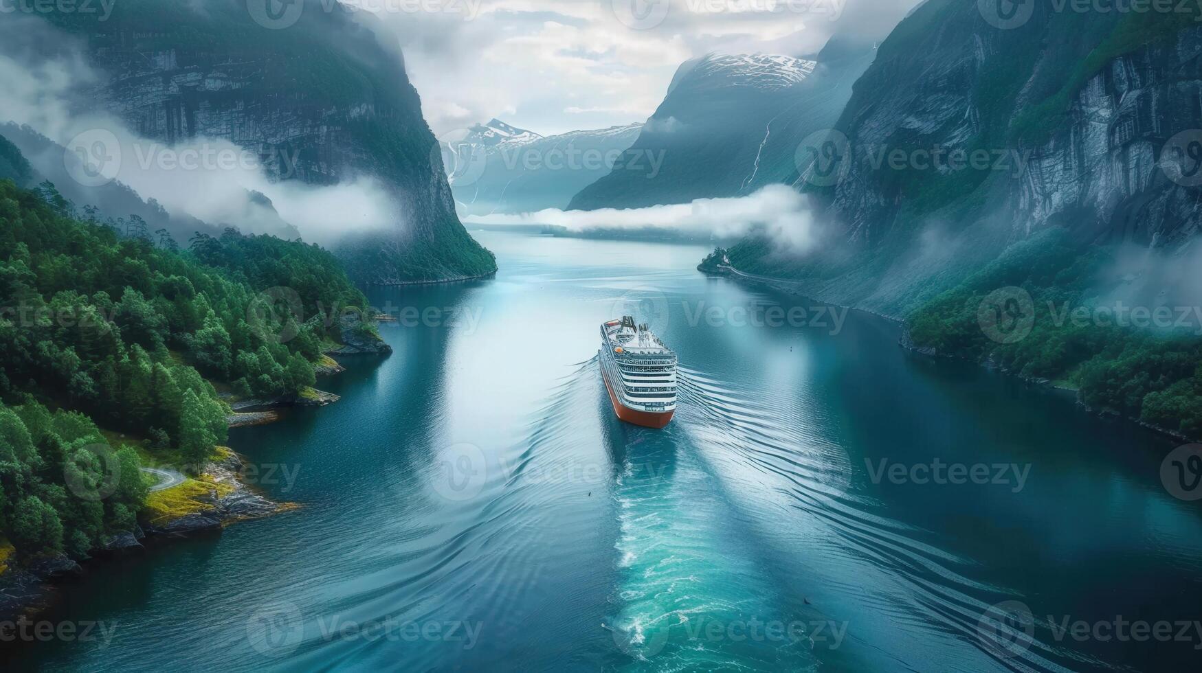 A majestic cruise ship sails through a breathtaking fjord surrounded by dramatic mountain scenery. photo