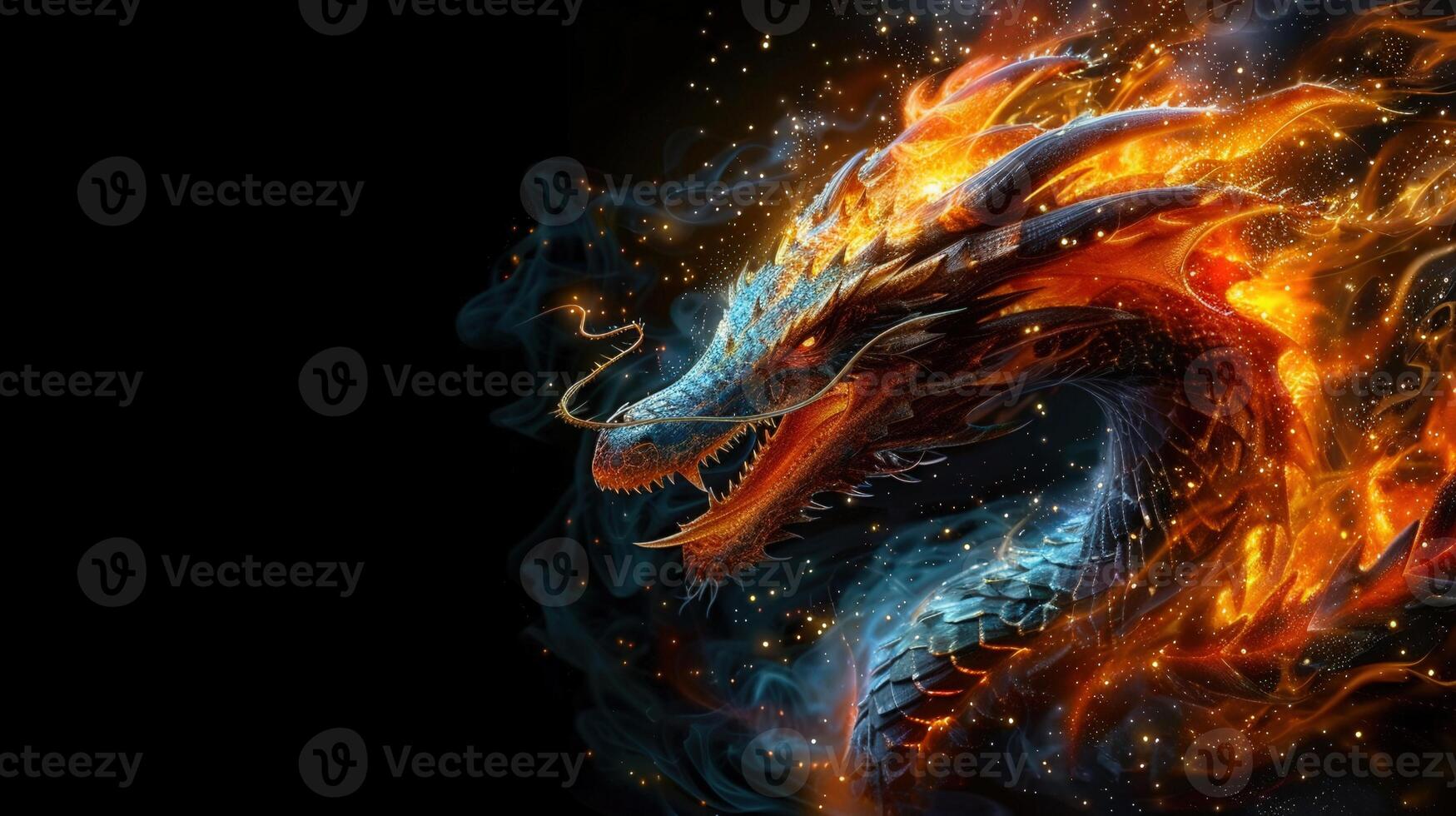 Intricate dragon breathes fire against a backdrop of a dark abyss, representing fantasy. photo