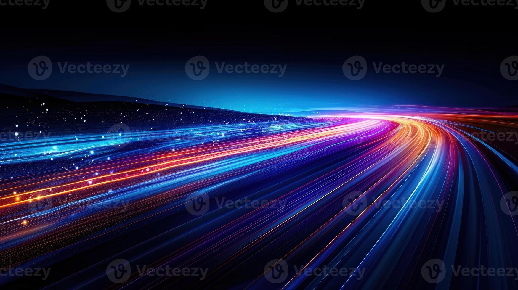 Abstract artwork showcases colorful light trails, symbolizing speed and technological advancement. photo
