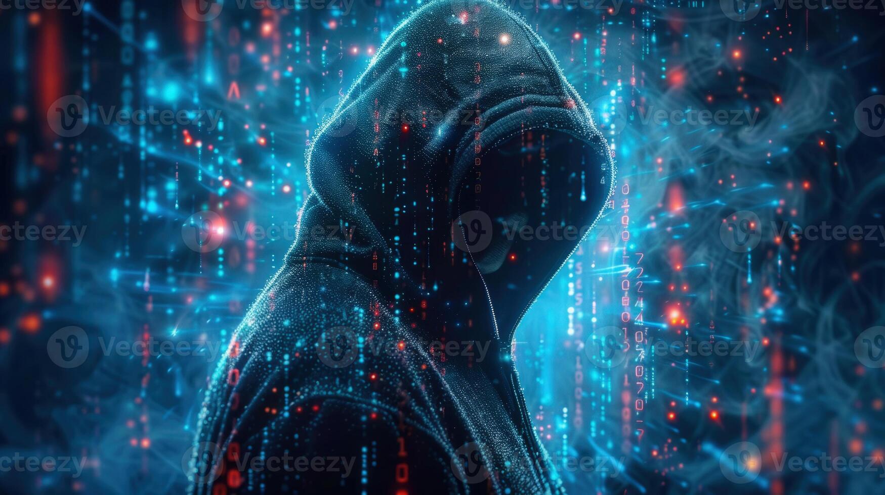 An ominous hooded figure is seen immersed in a digital realm of data and code. photo