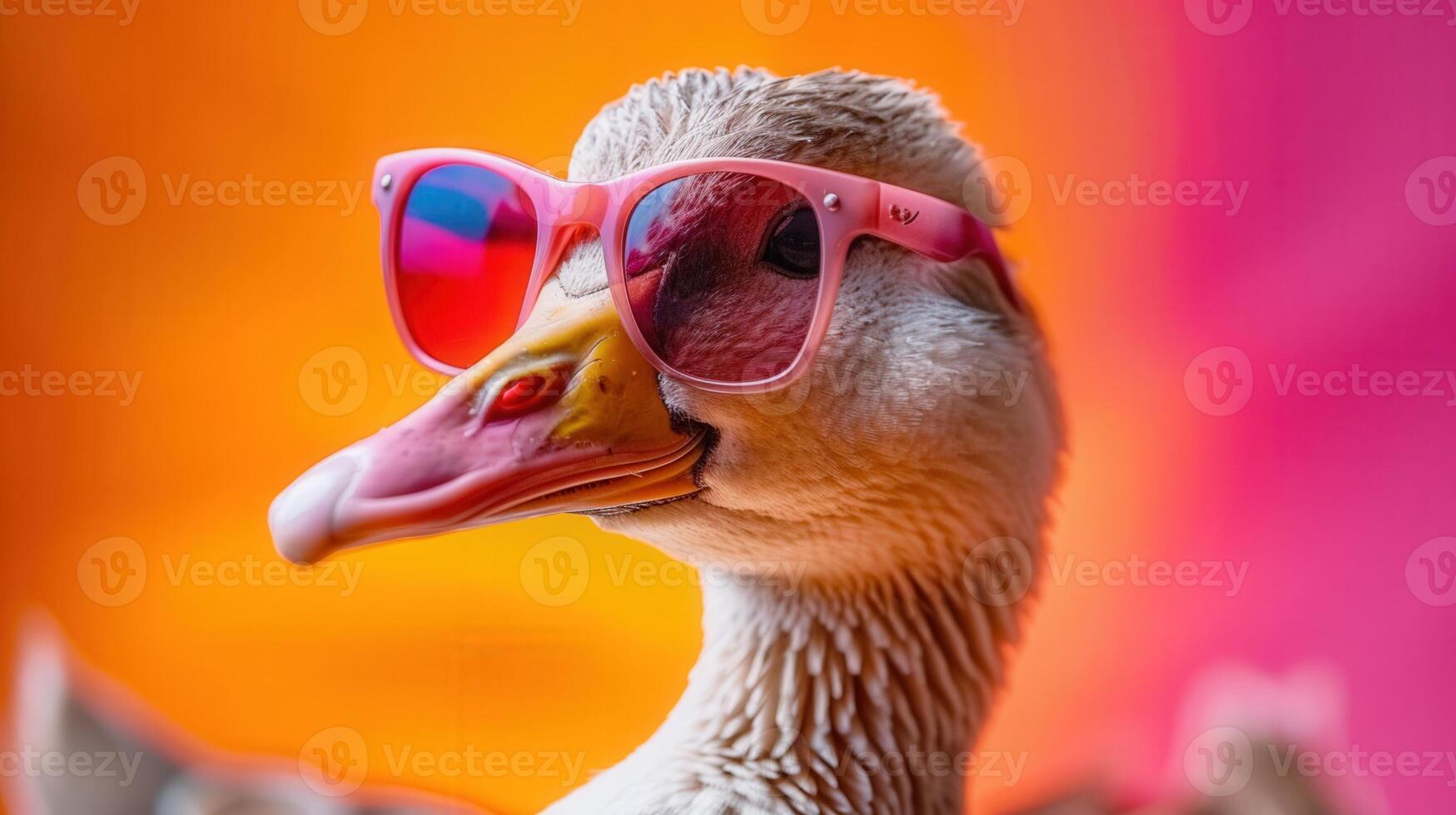 A cool goose sporting pink sunglasses, posing against a vibrant and colorful gradient background. photo
