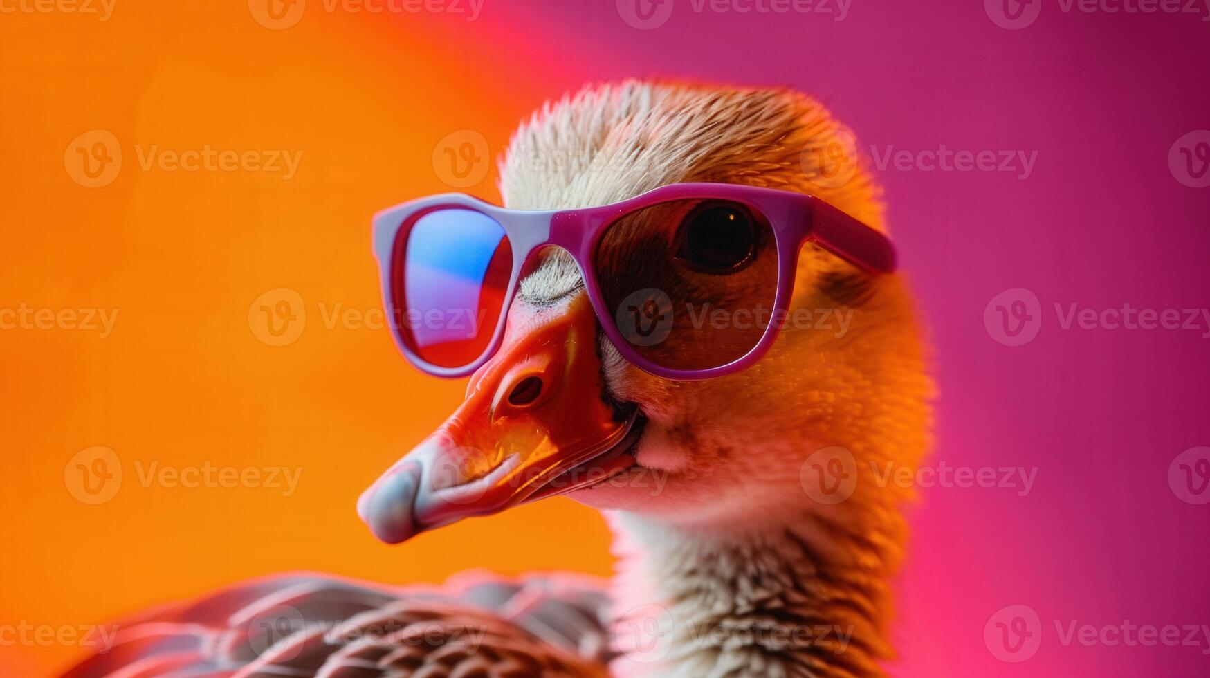 A goose with sunglasses against a vibrant orange and pink background, portrait style. photo