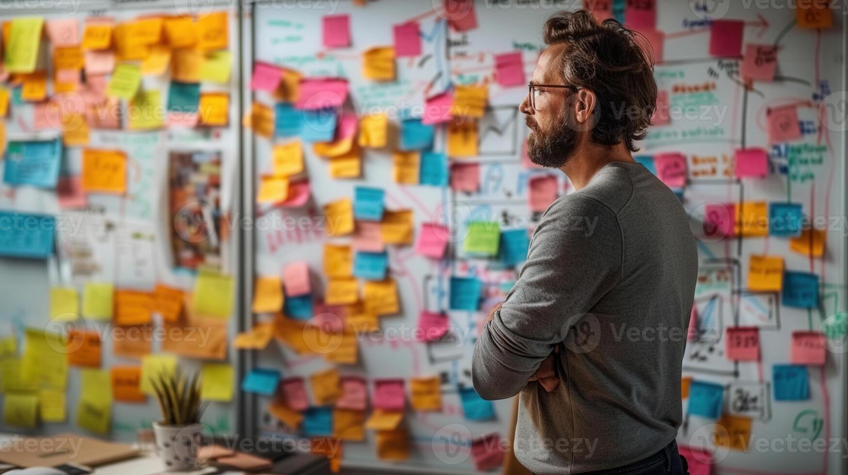 A thoughtful man observes a whiteboard covered in sticky notes during a brainstorming session. photo