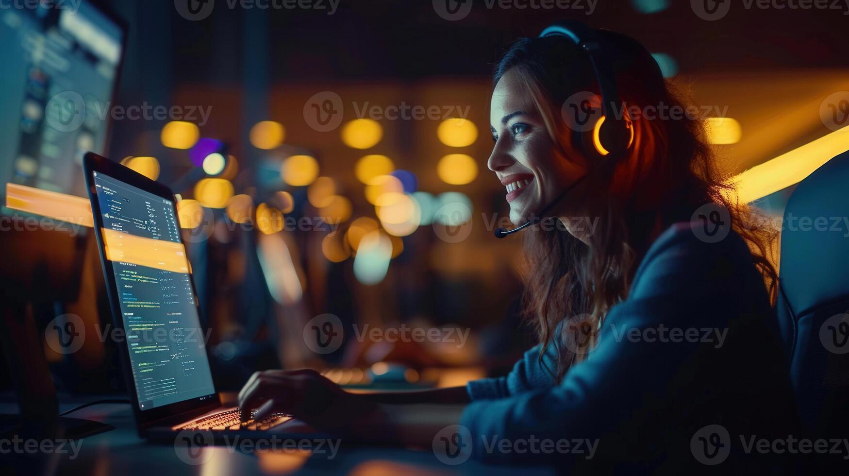Smiling woman working on a laptop, writing code with headset in a dark office environment. photo