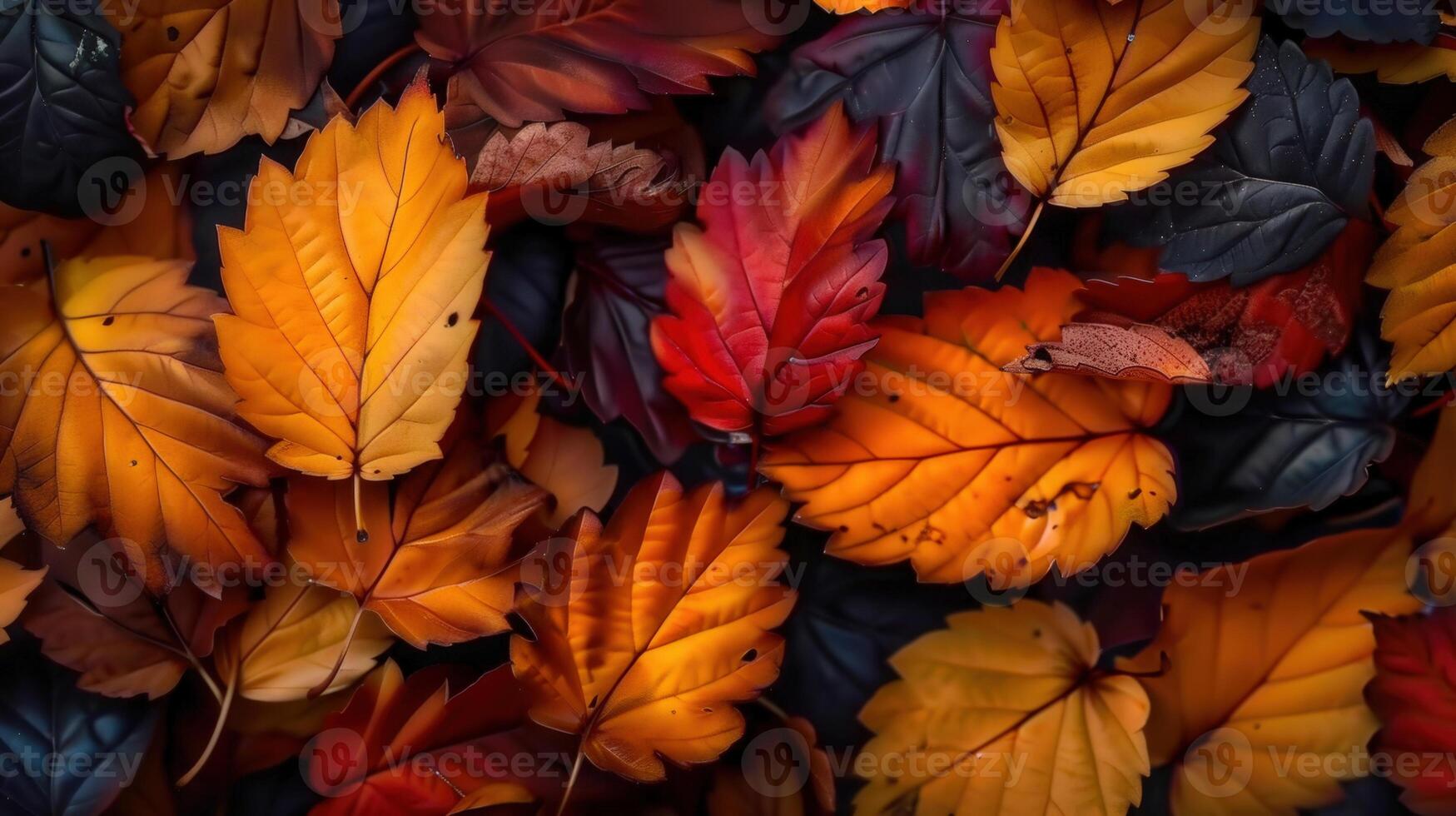 A close-up shot of vibrant, colorful autumn leaves in various shades and textures. photo