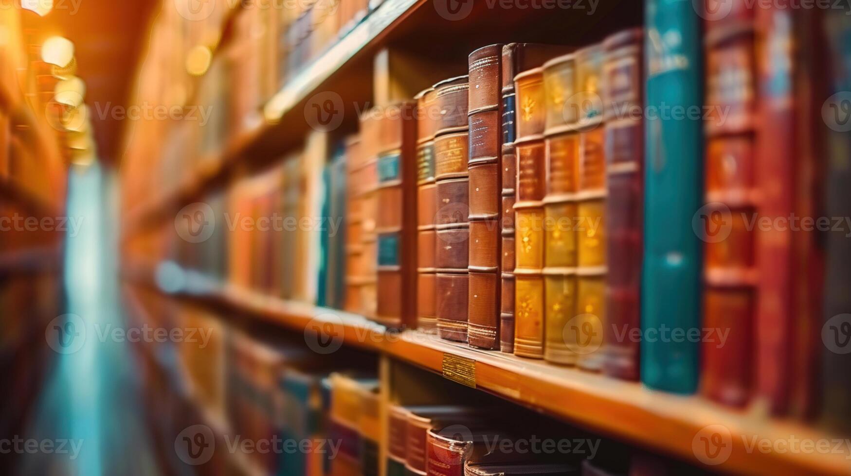 Rows of old books sit neatly on library shelves, illuminated by warm, soft lighting. photo