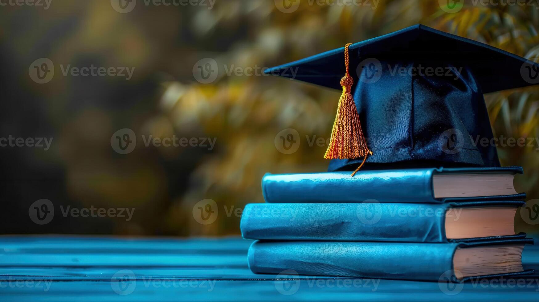 A graduation cap sits on a stack of books, symbolizing education and academic success. photo