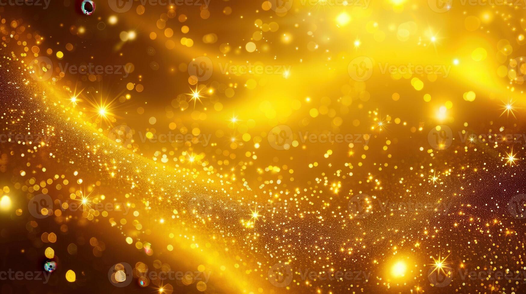 Shimmering golden background with bokeh lights and stars, perfect for a festive celebration. photo