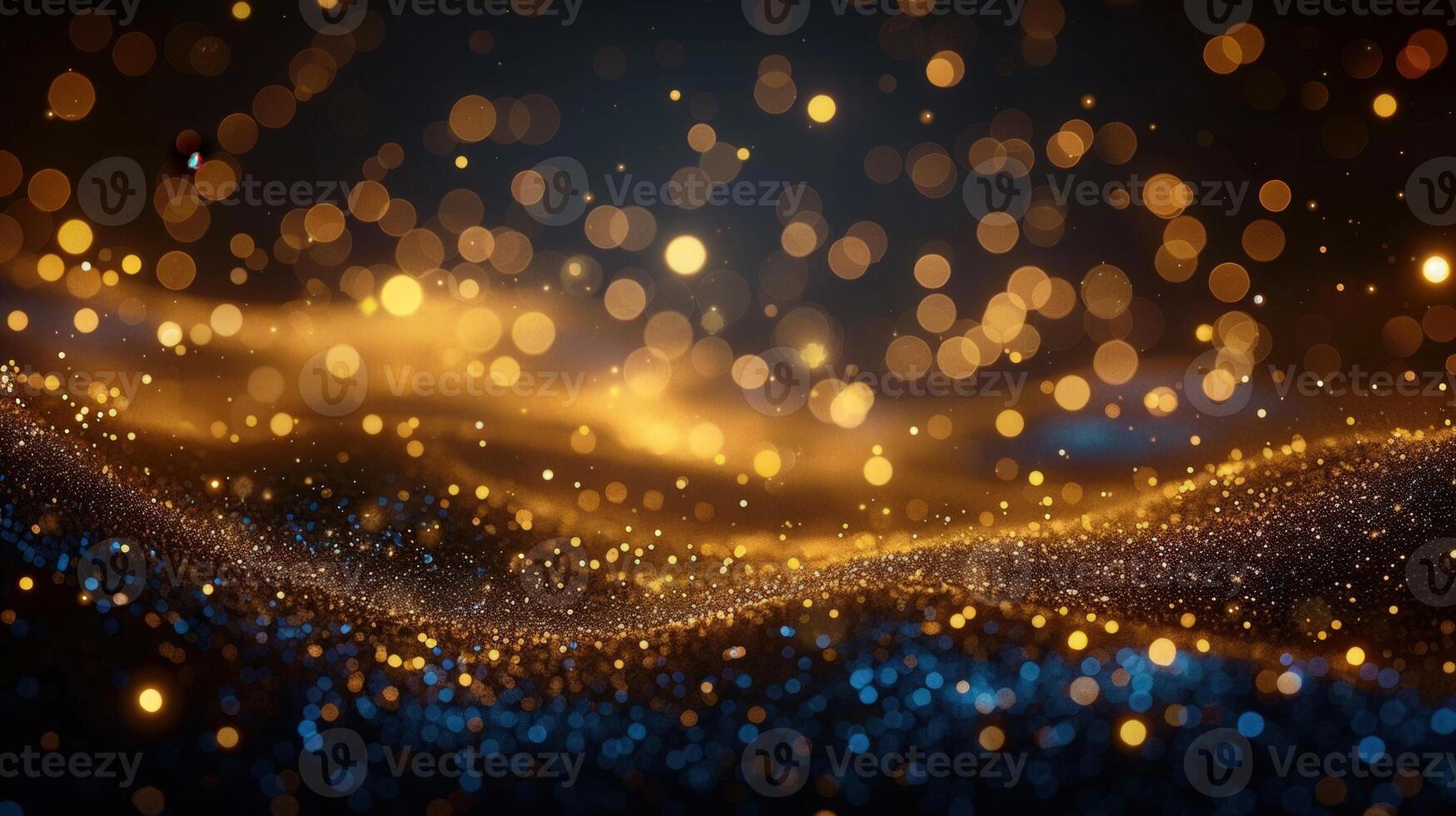 A mesmerizing abstract image with golden bokeh lights and shimmering particles in blue tones. photo
