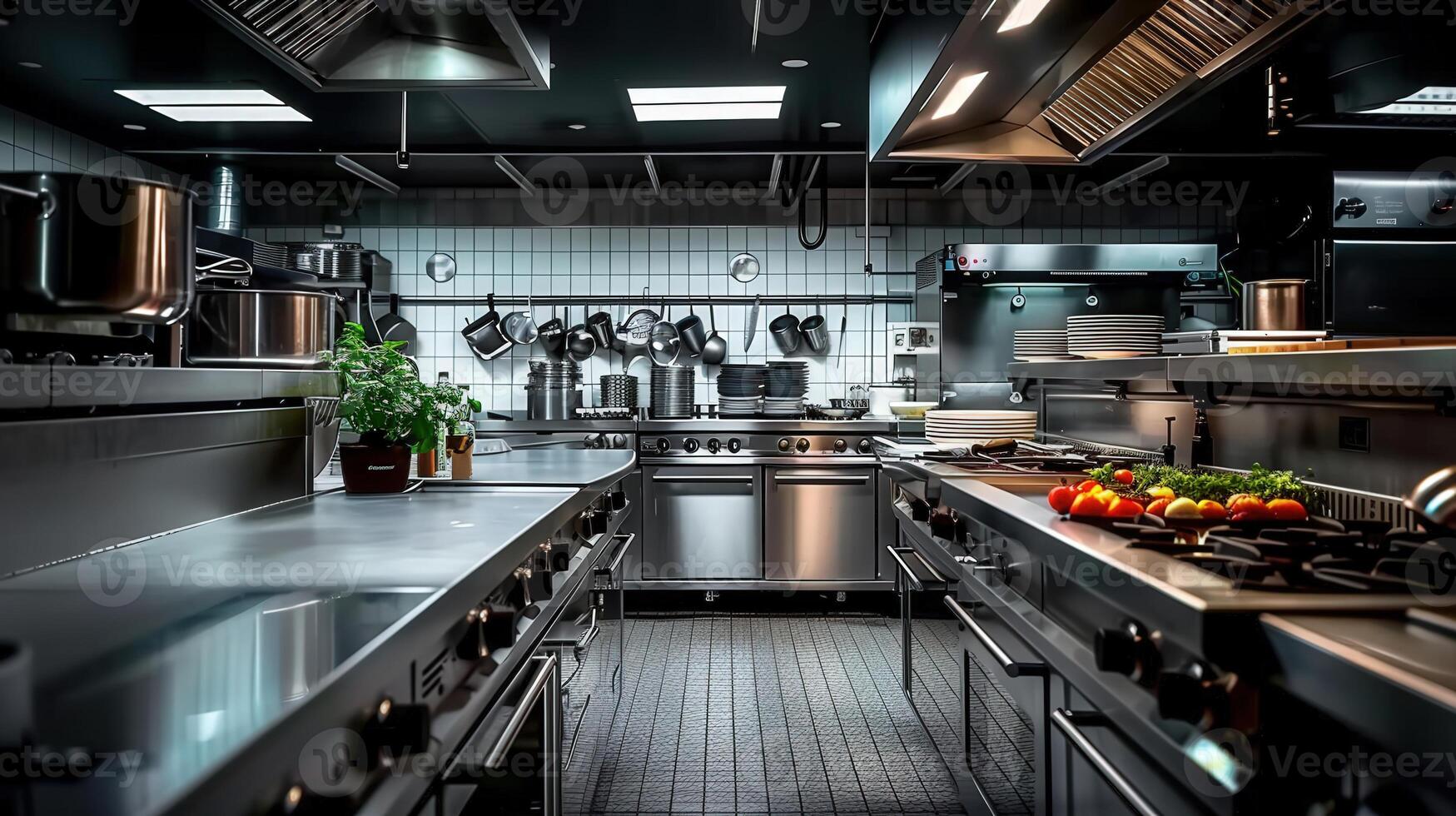 A modern commercial kitchen, fully equipped for preparing meals in a professional setting. photo