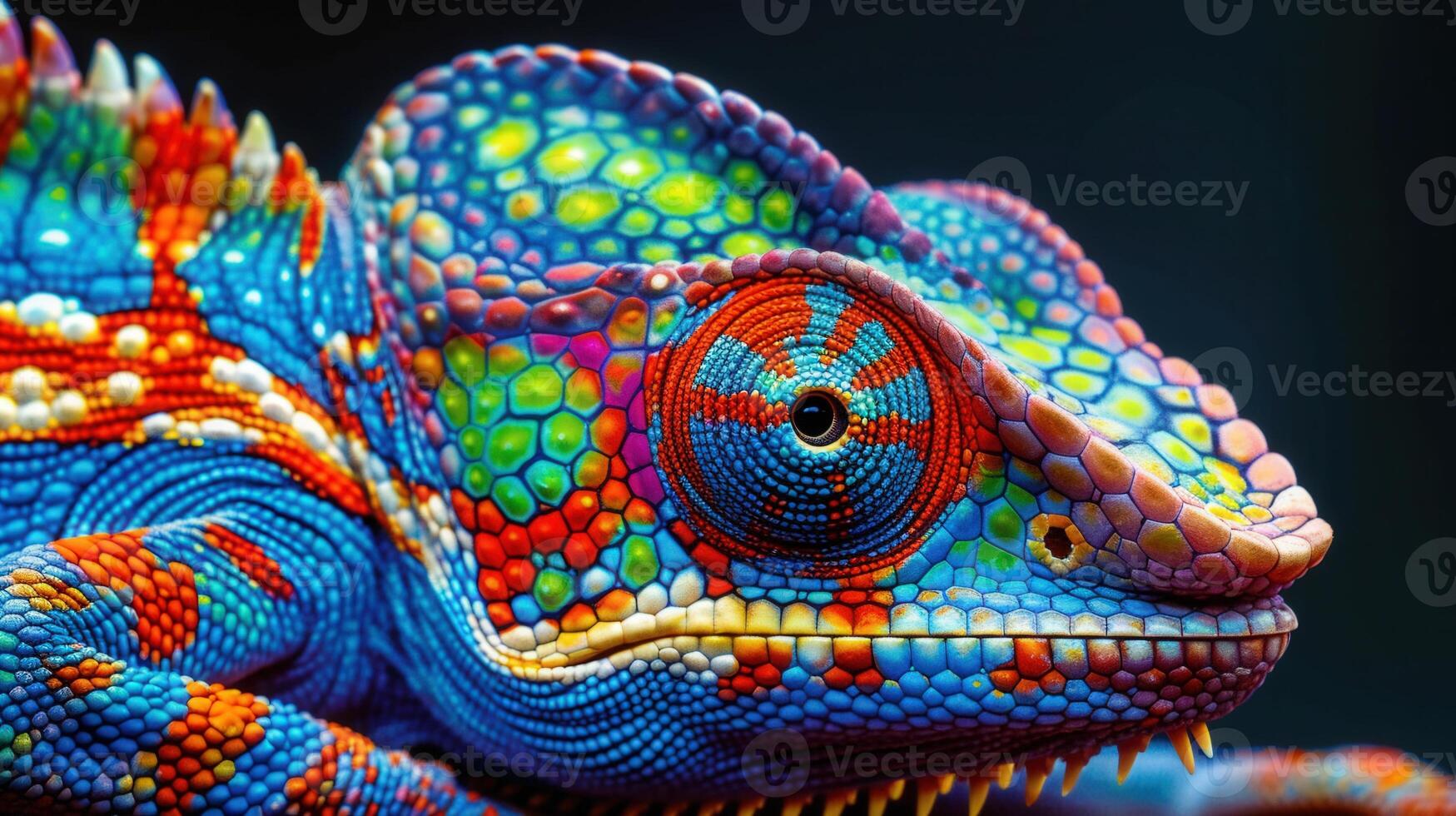 A captivating view of a colorful panther chameleon's head, displaying intricate patterns. photo