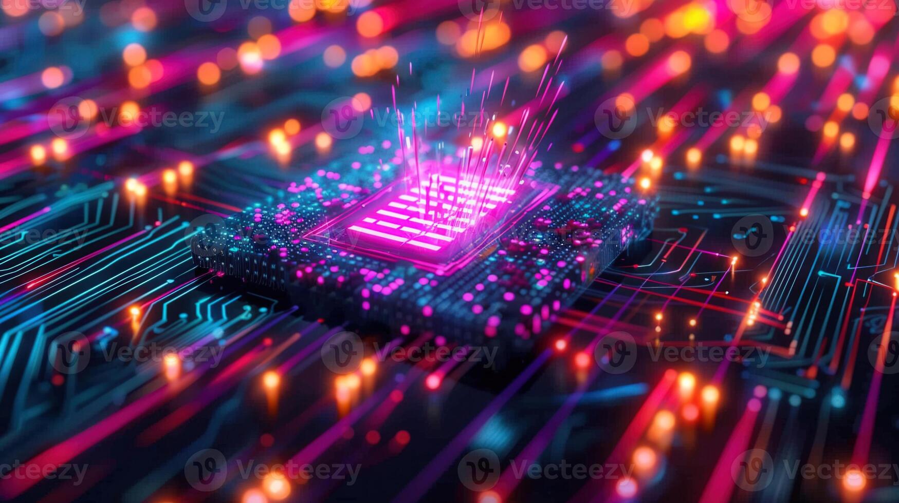 A colorful digital rendering of a computer's central processing unit, with circuits and light. photo