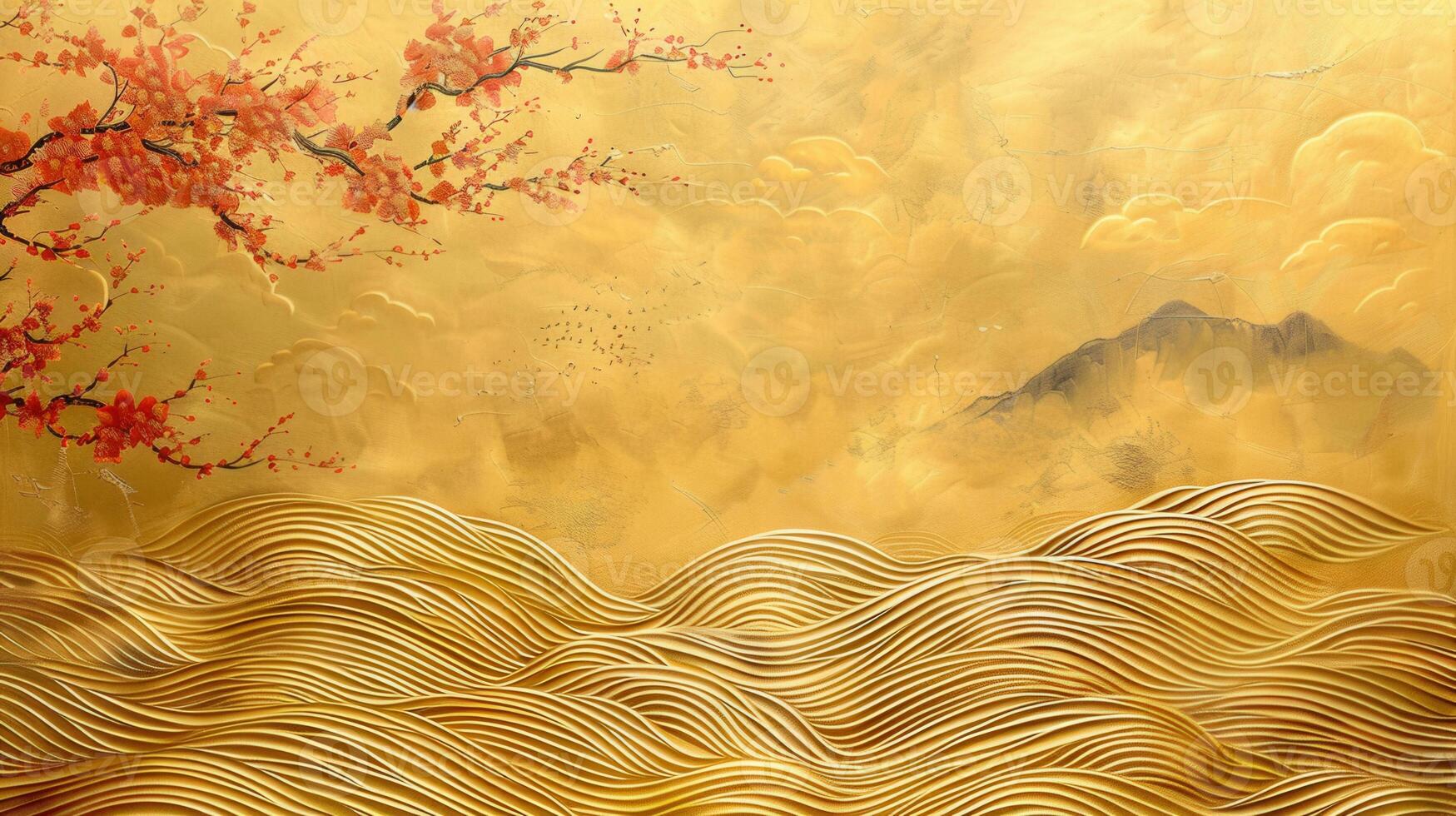 A stunning gold-toned landscape painting features cherry blossoms, mountains, and flowing waves. photo