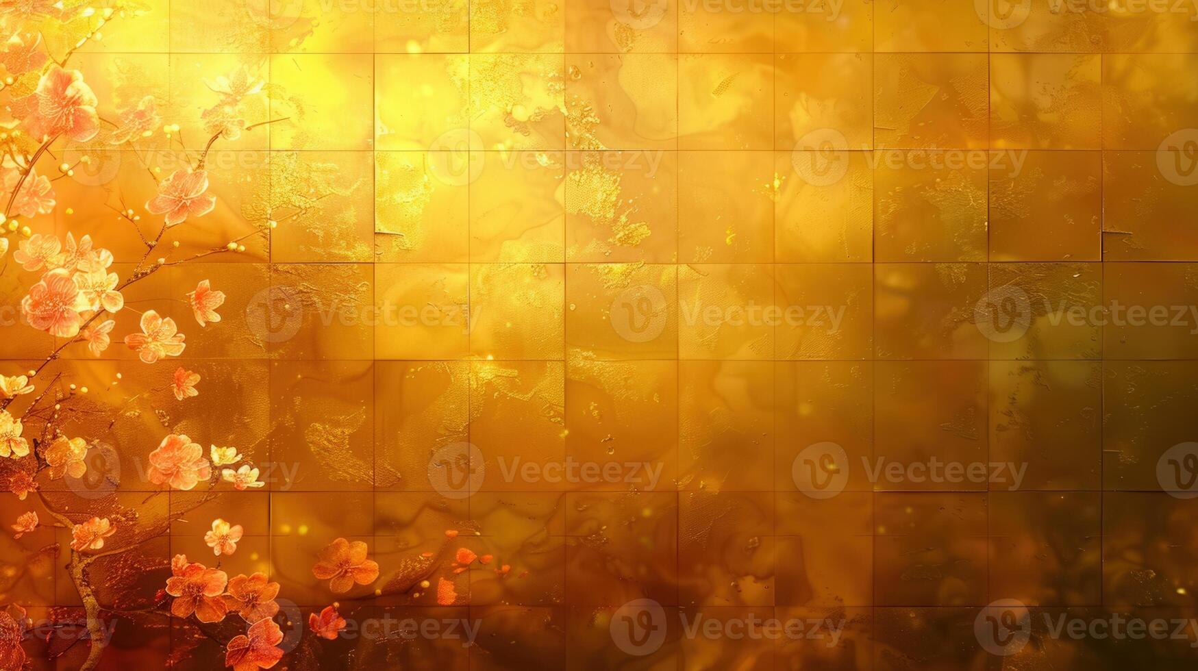 Elegant painting of cherry blossoms against a luxurious, golden, square-tiled background. photo