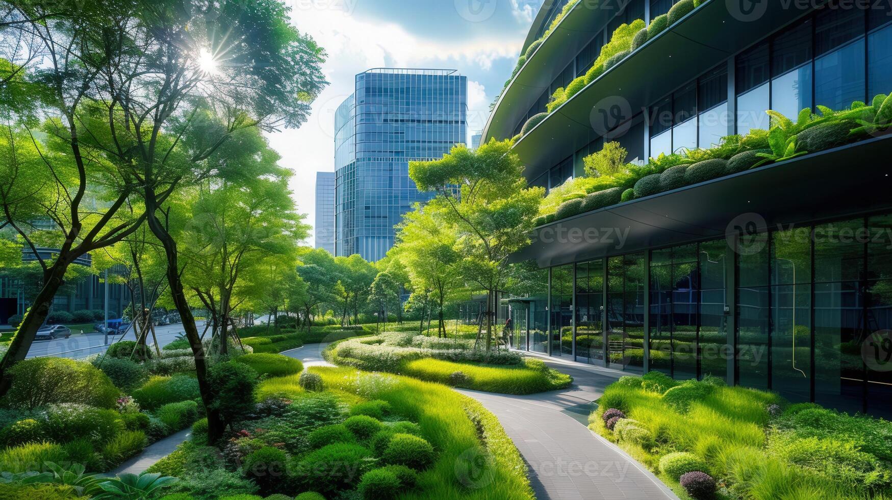 A modern green office building with an integrated landscape in a bright, sunny urban environment. photo
