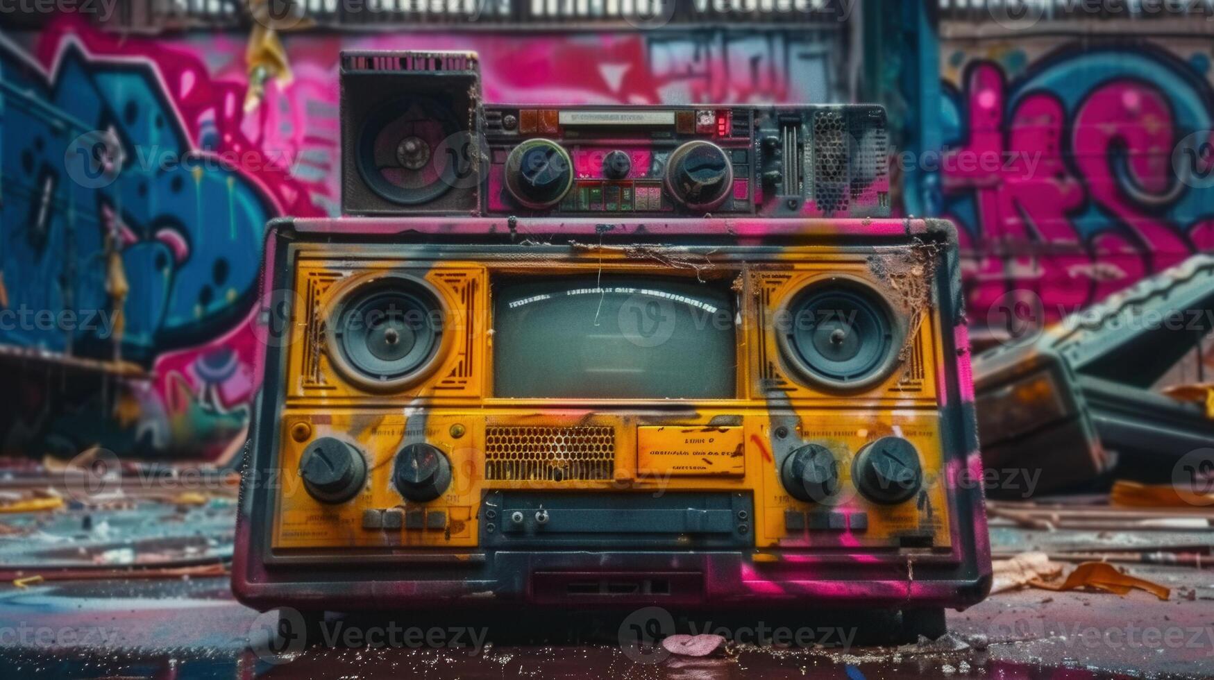 A vintage stereo covered in graffiti stands in an urban setting, creating a striking visual. photo