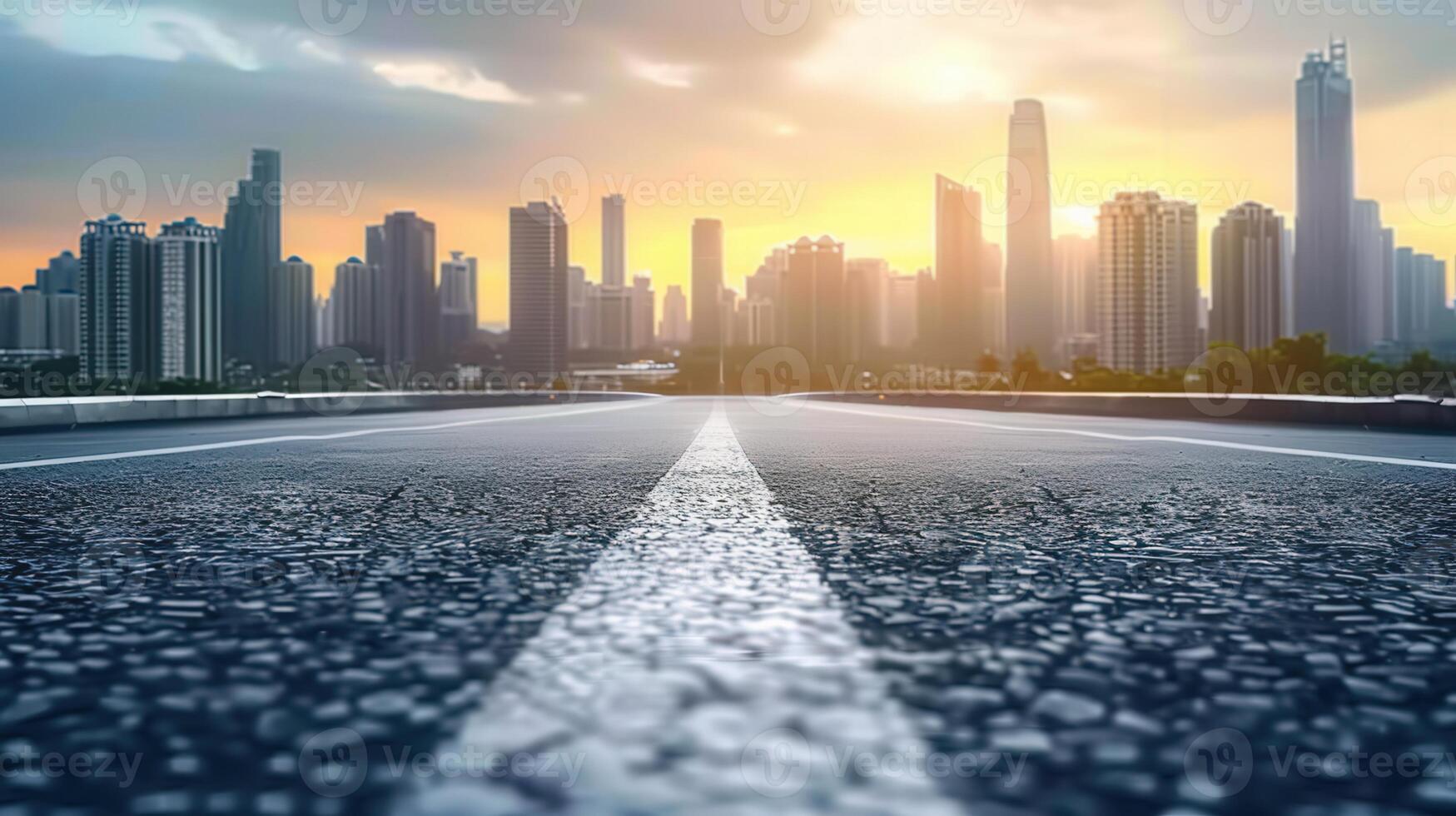 An open road stretches toward a vibrant cityscape under a beautiful and colorful sunset. photo