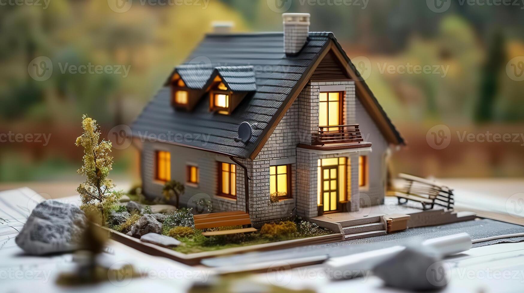 A meticulously crafted miniature house with inviting warm lights set amidst a scenic blurred backdrop. photo