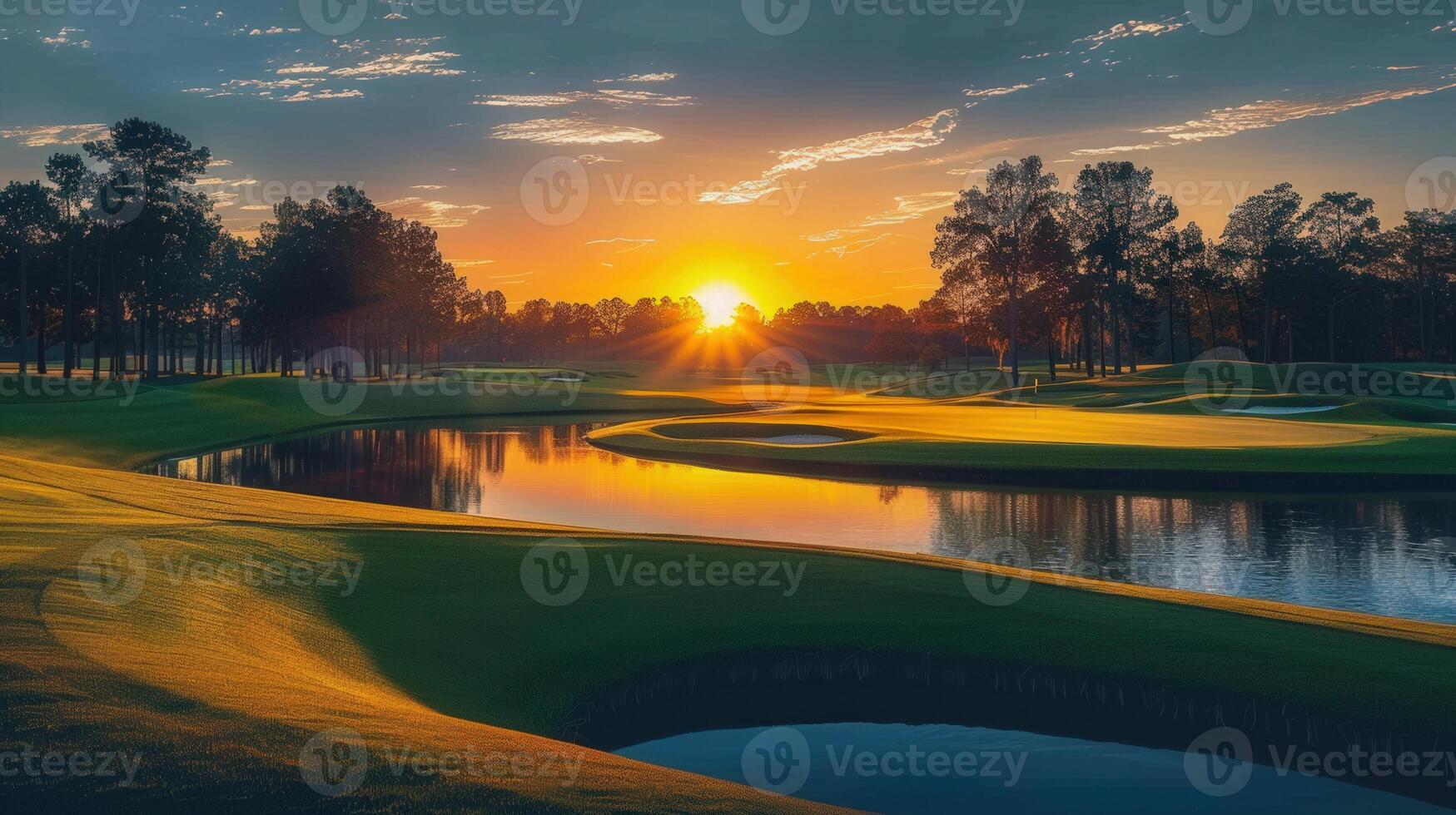 Stunning sunset over a golf course with a lake and reflections of the trees and sky. photo